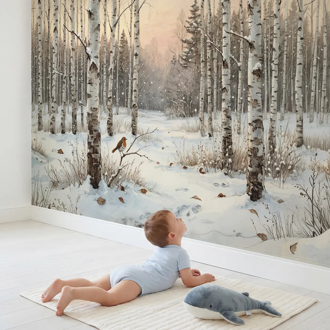 Child in nursery with First Snow Birch Grove Wallpaper Mural by Whimsy Tots