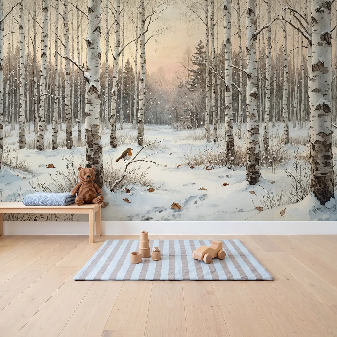 First Snow Birch Grove Wallpaper Mural in playroom setting by Whimsy Tots
