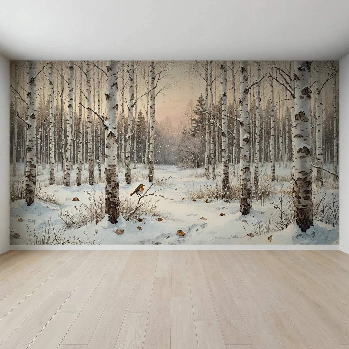 Full view of First Snow Birch Grove Wallpaper Mural by Whimsy Tots