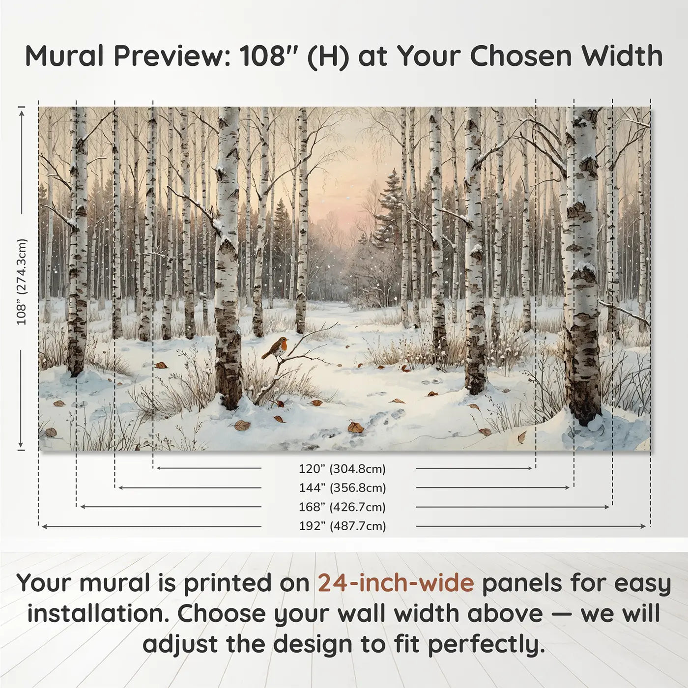 Panel layout and dimensions for First Snow Birch Grove Wallpaper Mural by Whimsy Tots