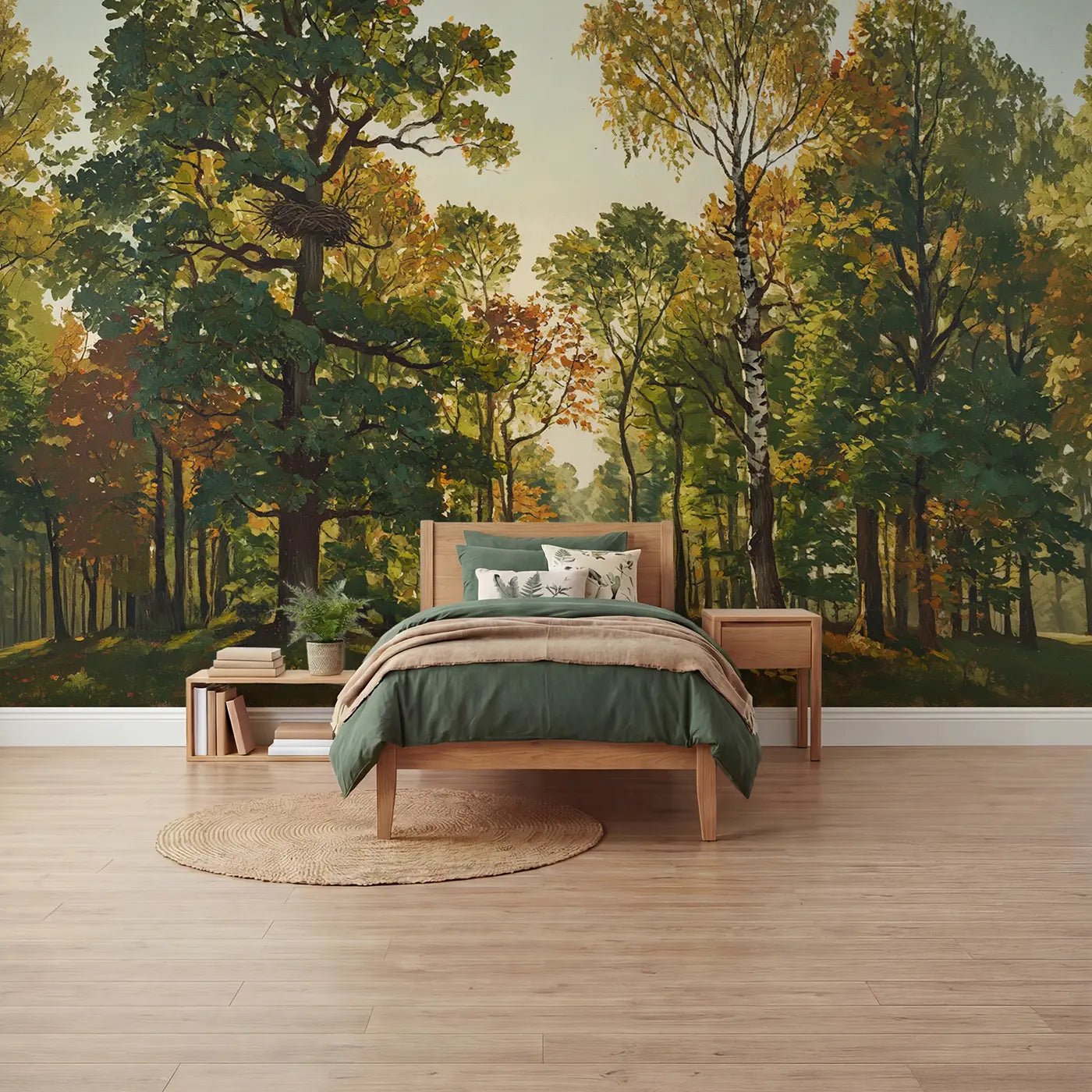 Painted landscape forest woodland wallpaper mural for kids room by Whimsy Tots