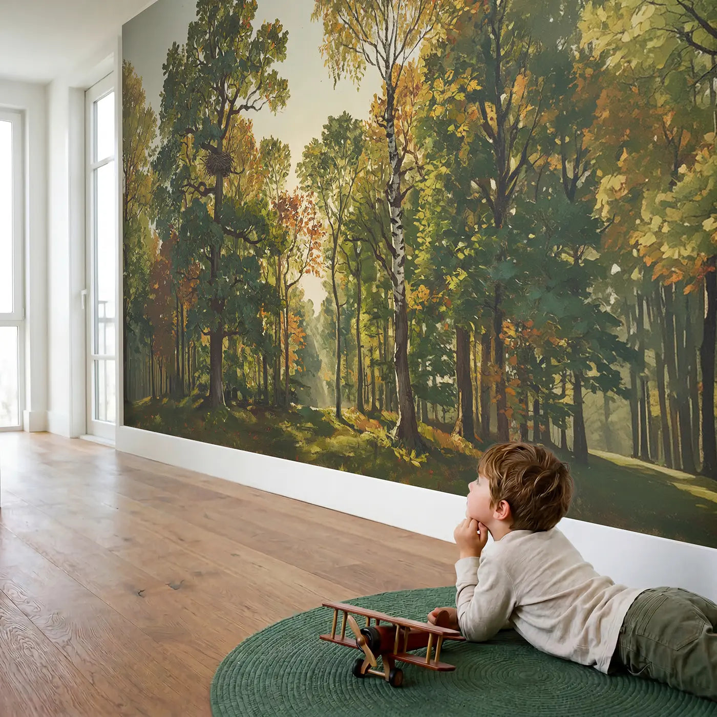 Child in nursery with Forest Canopy Skyward View Wallpaper Mural by Whimsy Tots