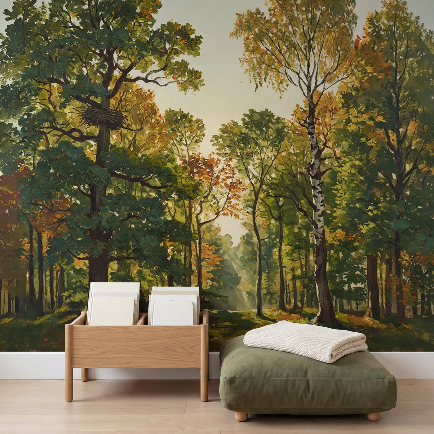Forest Canopy Skyward View Wallpaper Mural in playroom setting by Whimsy Tots