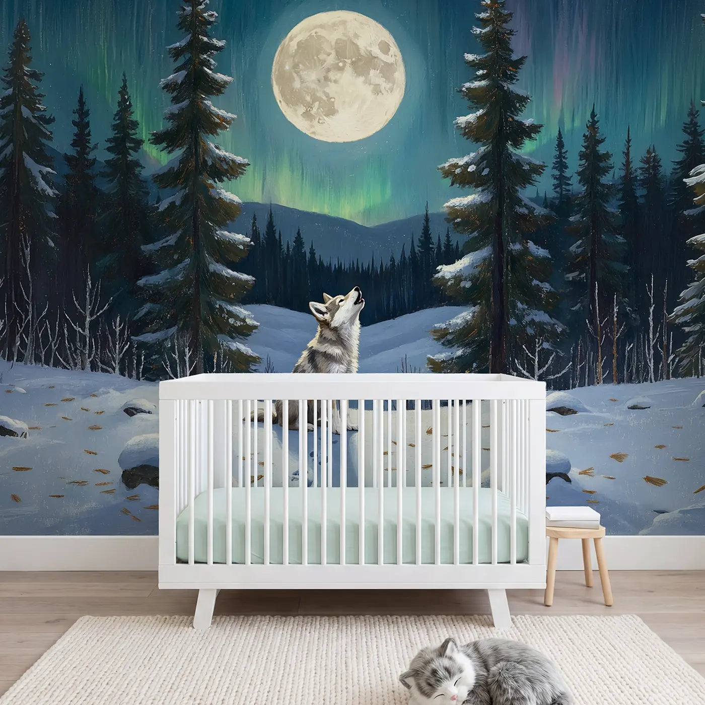 Painted landscape moonlit wolf pup snow wallpaper mural for girls nursery by Whimsy Tots