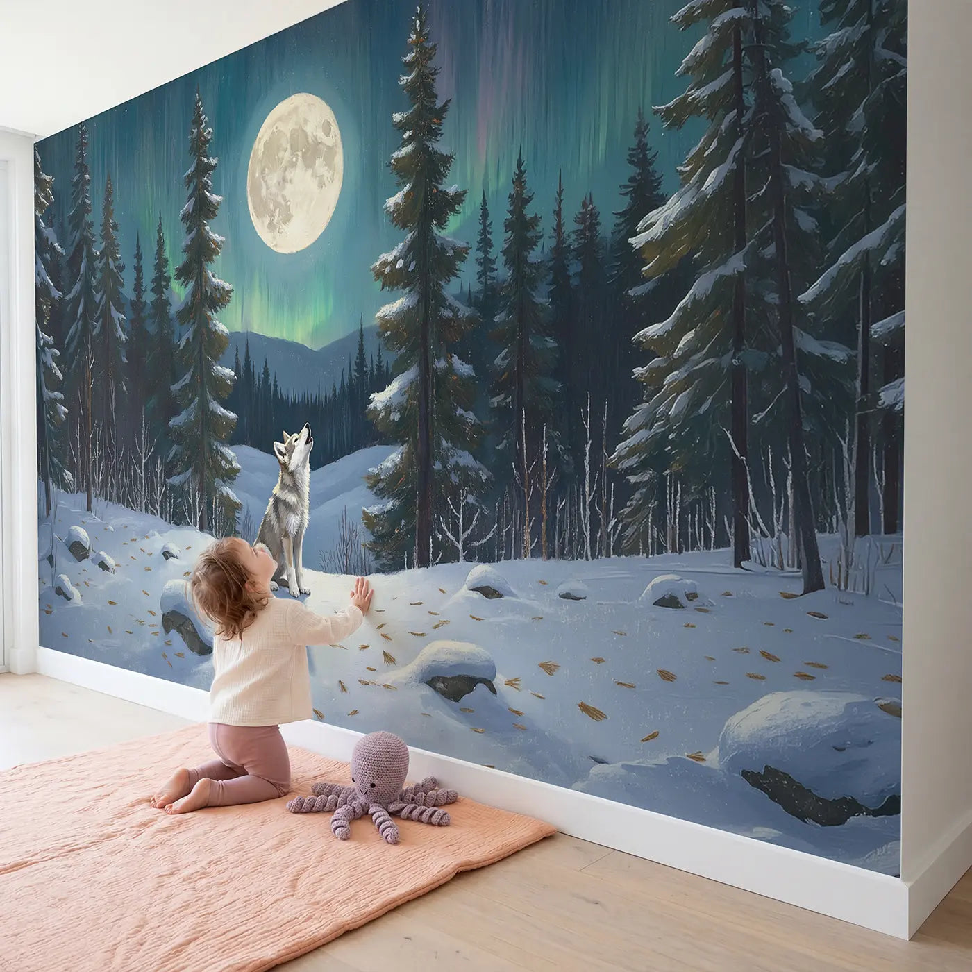 Child in nursery with Moonlit Wolf Pup Wallpaper Mural by Whimsy Tots