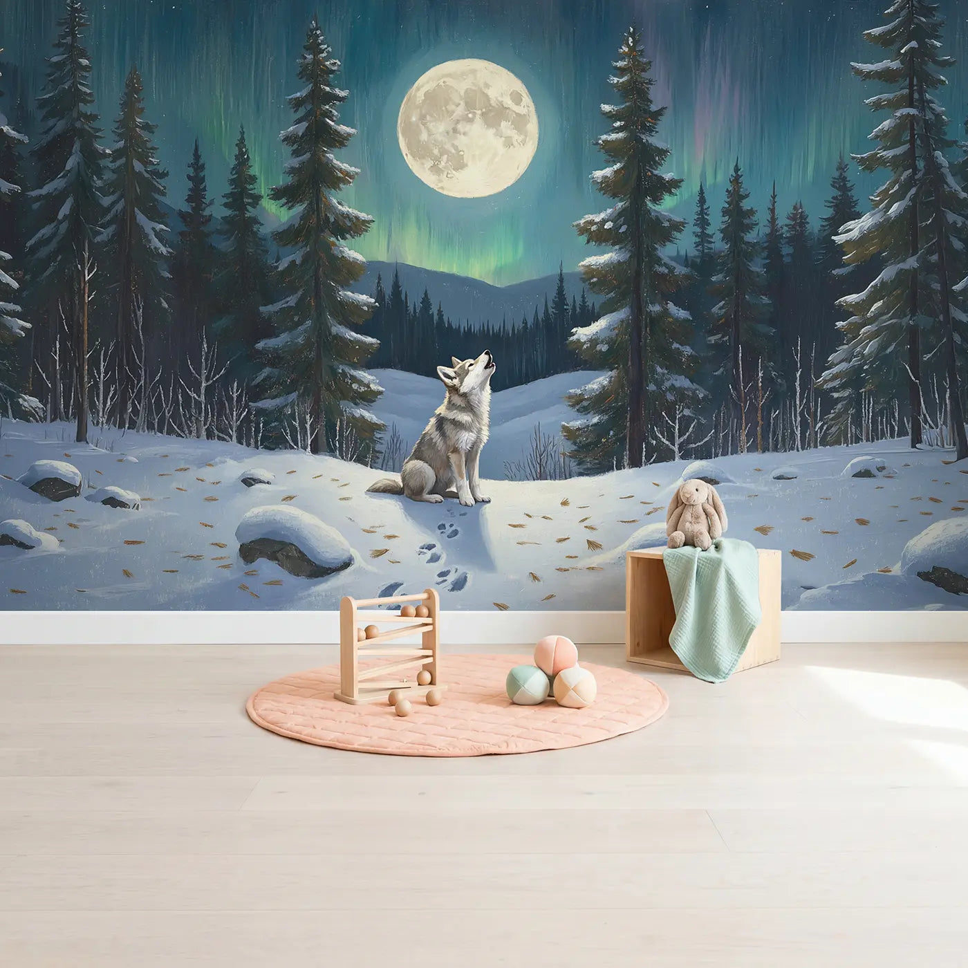 Moonlit Wolf Pup Wallpaper Mural in playroom setting by Whimsy Tots