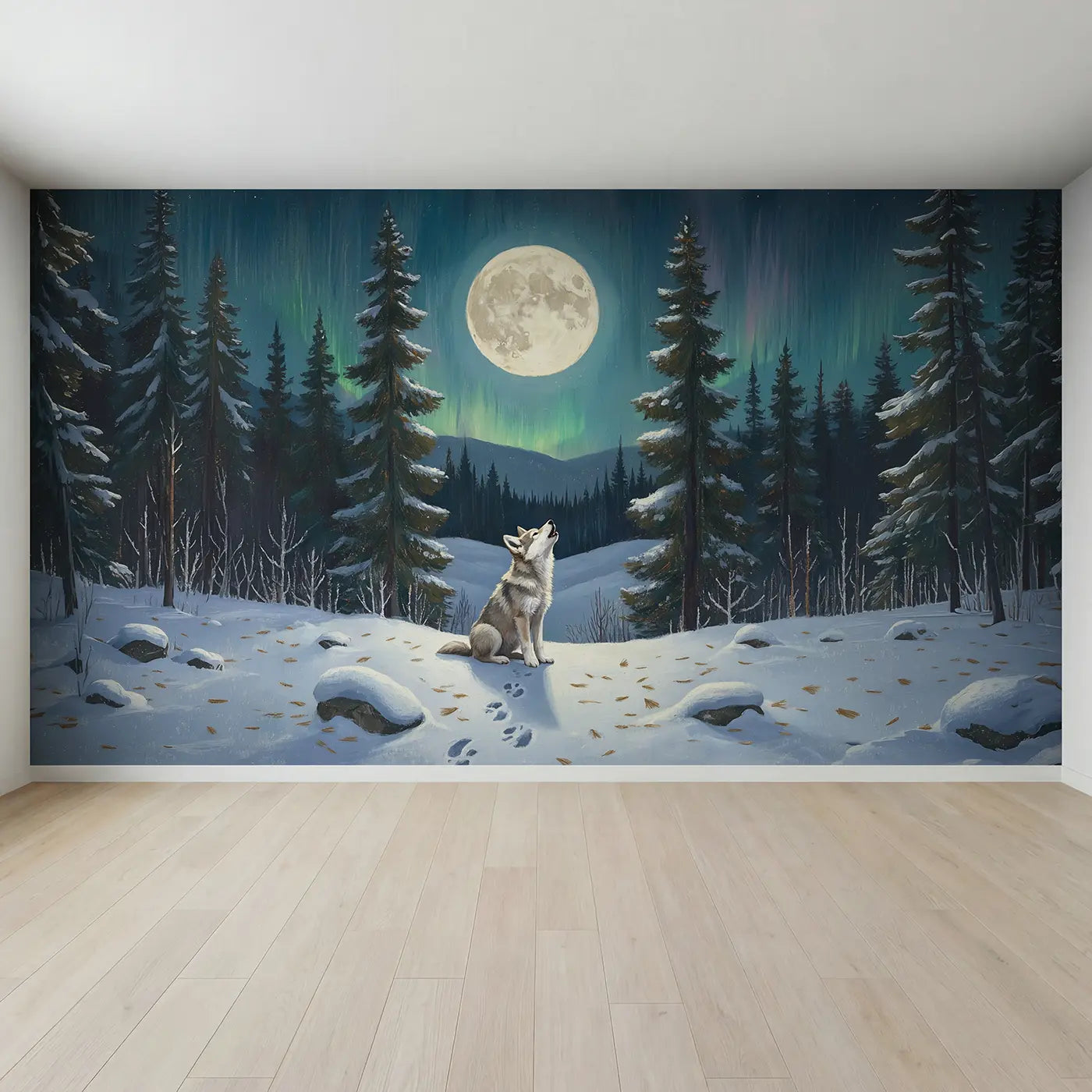 Full view of Moonlit Wolf Pup Wallpaper Mural by Whimsy Tots