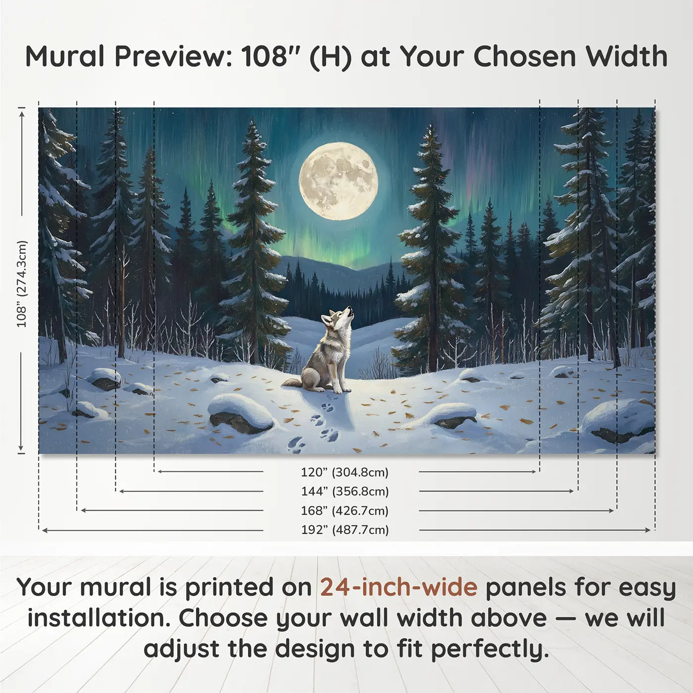 Panel layout and dimensions for Moonlit Wolf Pup Wallpaper Mural by Whimsy Tots