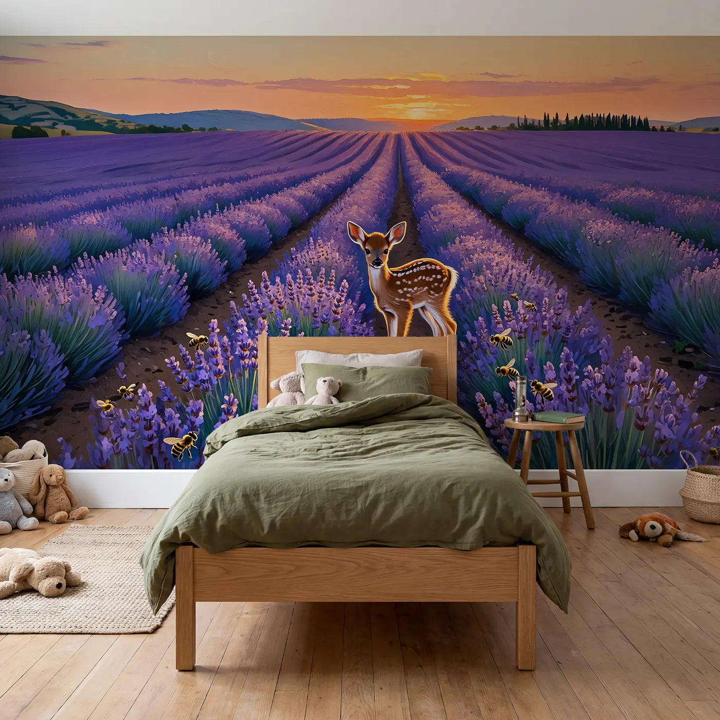 Painted deer and forest wallpaper mural for kids room by Whimsy Tots