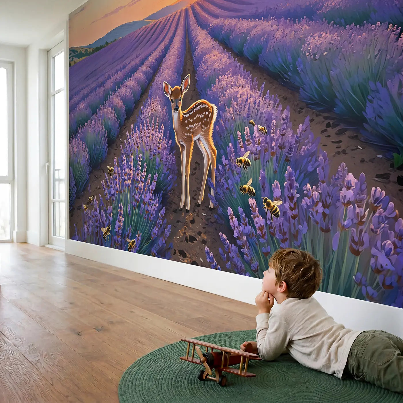 Child in nursery with Fawn in Lavender Sunset Field Wallpaper Mural by Whimsy Tots