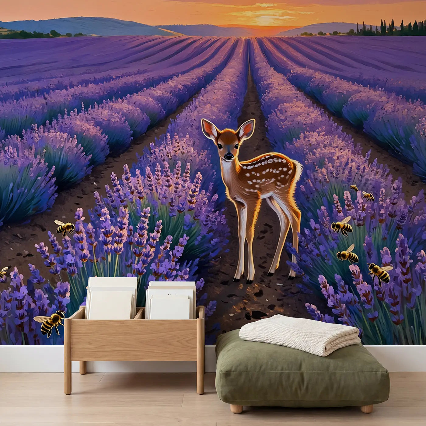 Fawn in Lavender Sunset Field Wallpaper Mural in playroom setting by Whimsy Tots