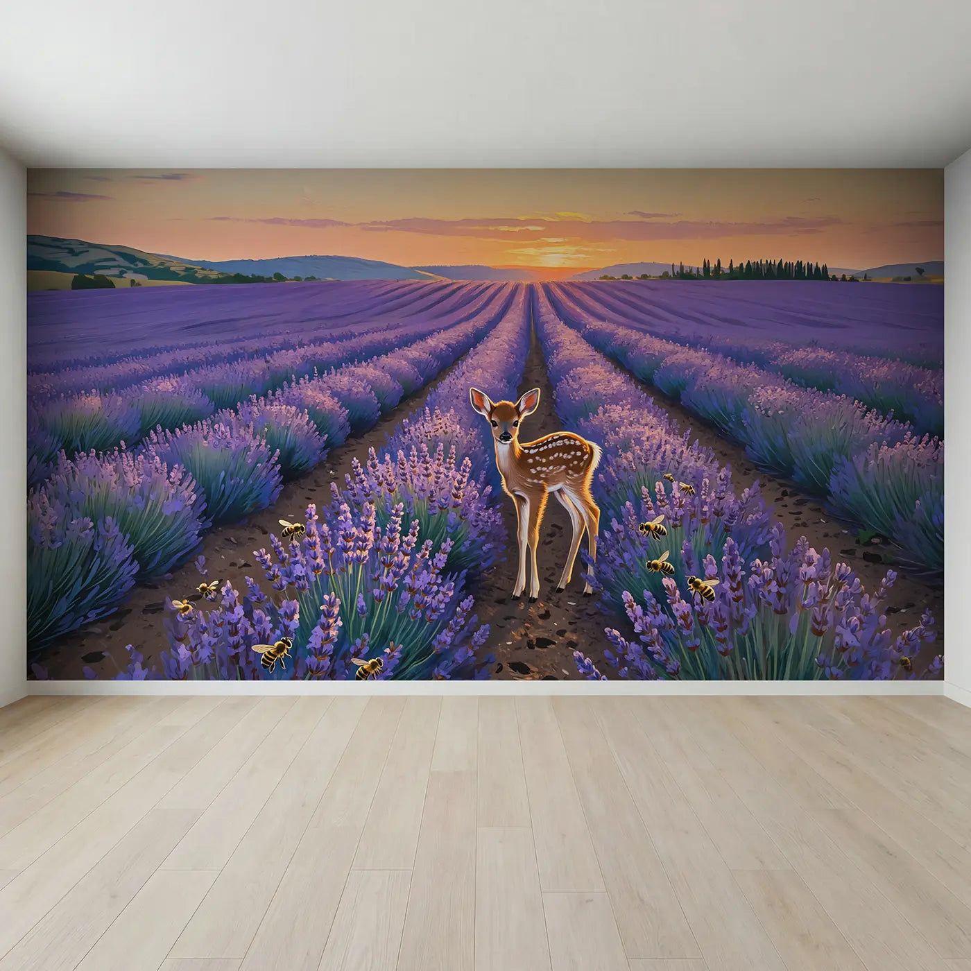 Full view of Fawn in Lavender Sunset Field Wallpaper Mural by Whimsy Tots