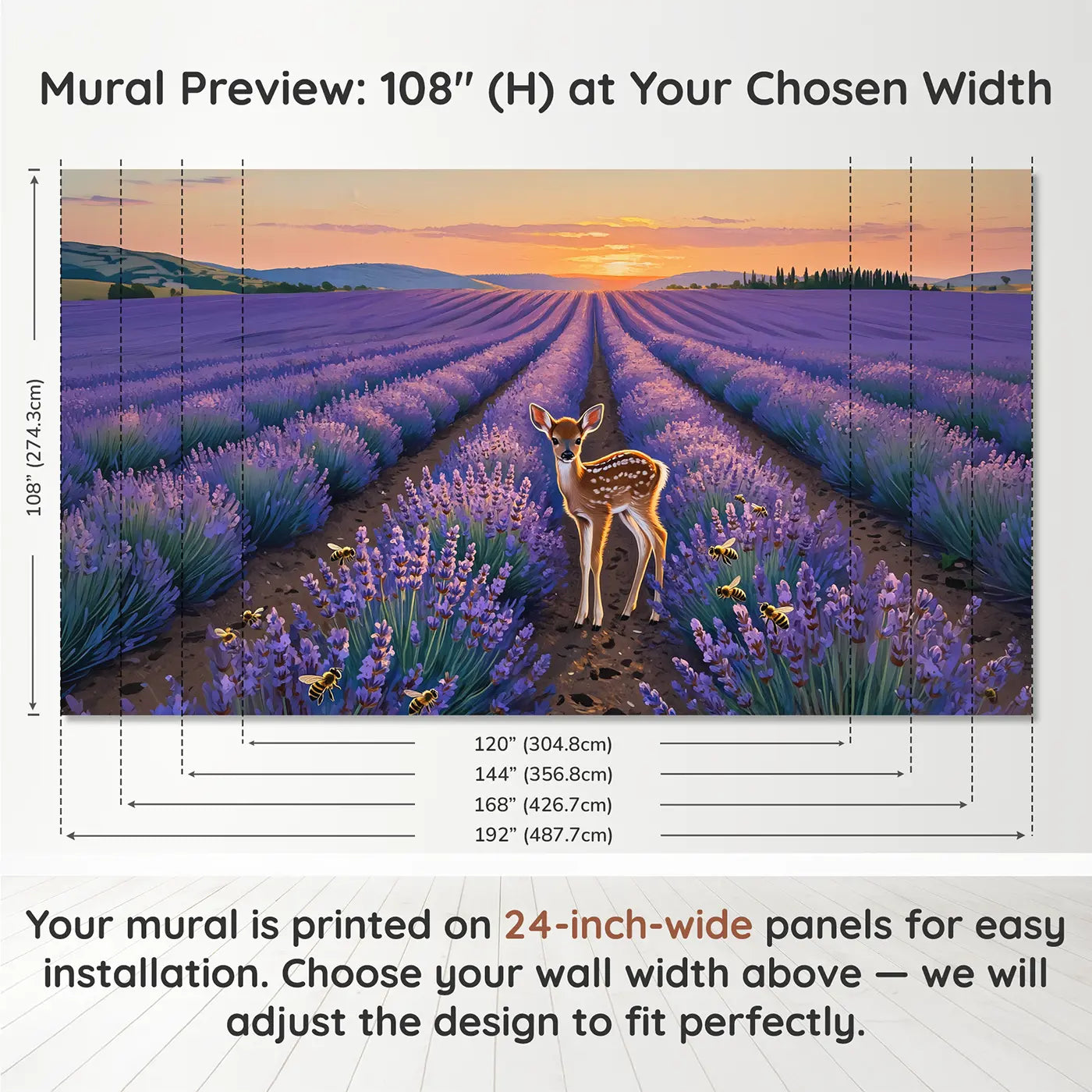 Panel layout and dimensions for Fawn in Lavender Sunset Field Wallpaper Mural by Whimsy Tots