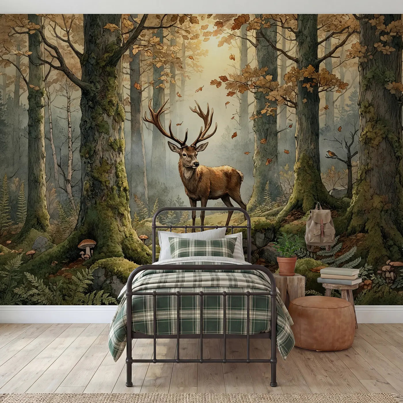Storybook autumn stag forest mist wallpaper mural for nursery by Whimsy Tots