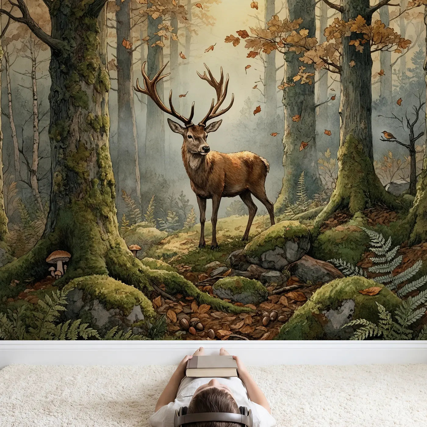 Child in nursery with Autumn Stag in Mist Wallpaper Mural by Whimsy Tots