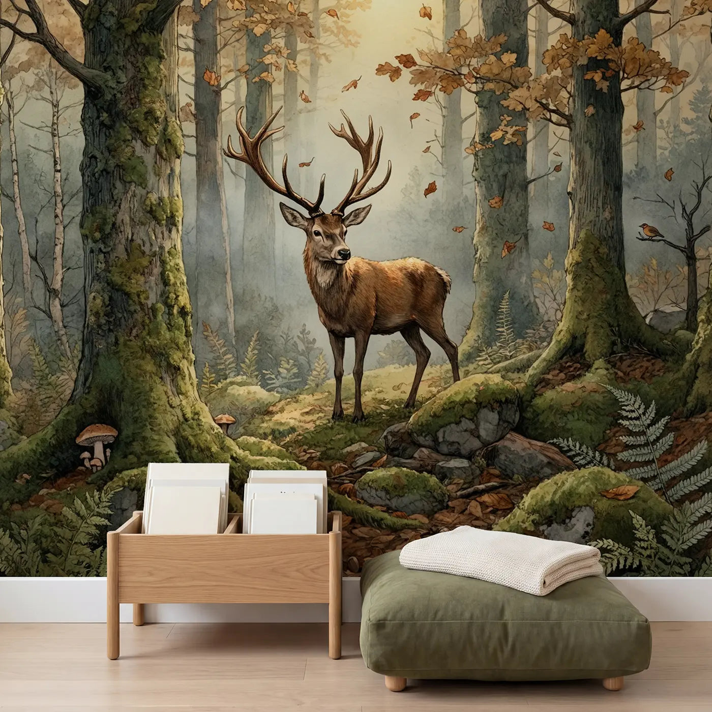 Autumn Stag in Mist Wallpaper Mural in playroom setting by Whimsy Tots
