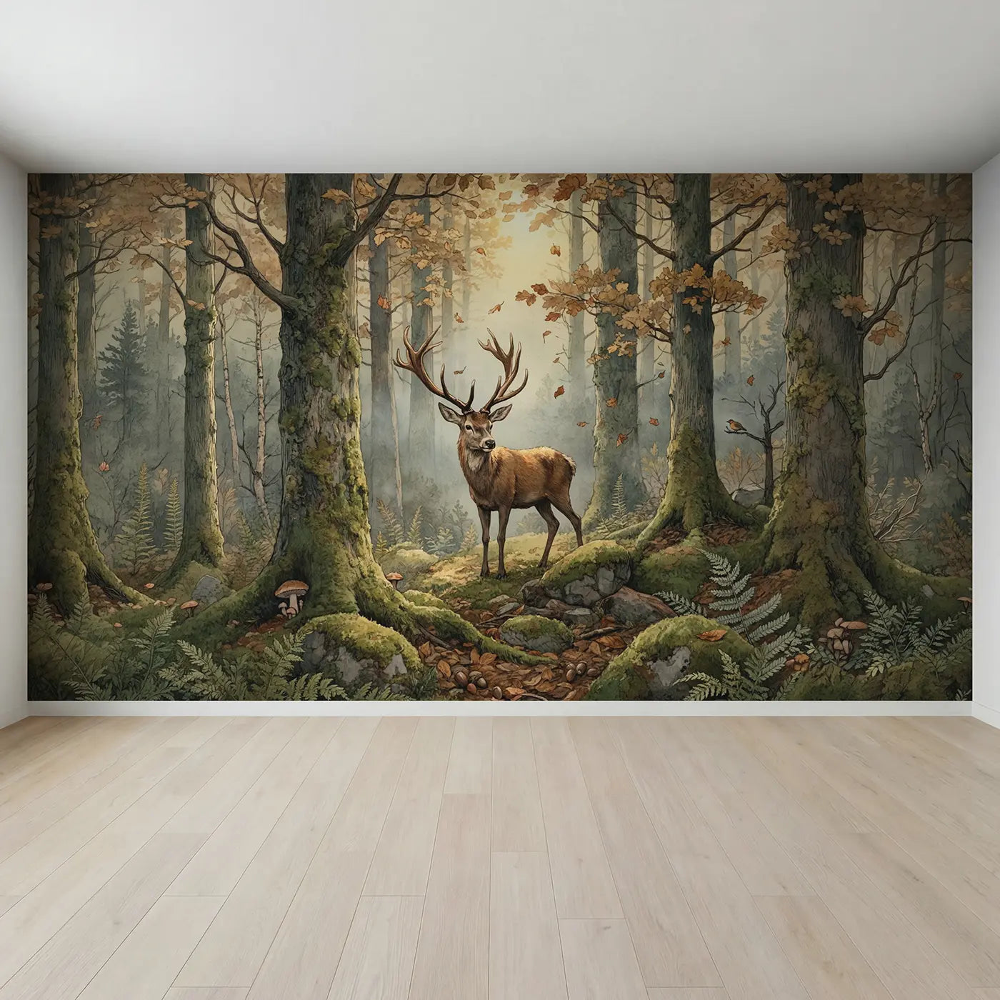 Full view of Autumn Stag in Mist Wallpaper Mural by Whimsy Tots