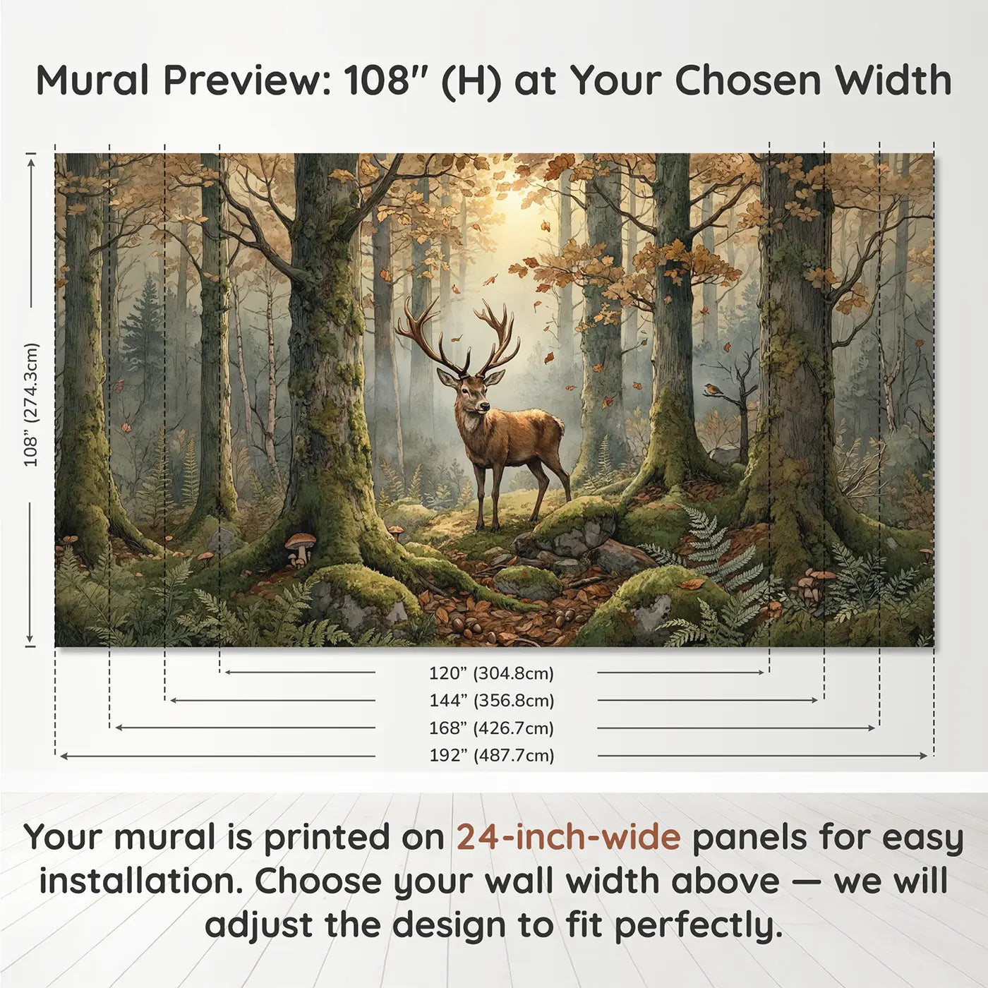 Panel layout and dimensions for Autumn Stag in Mist Wallpaper Mural by Whimsy Tots