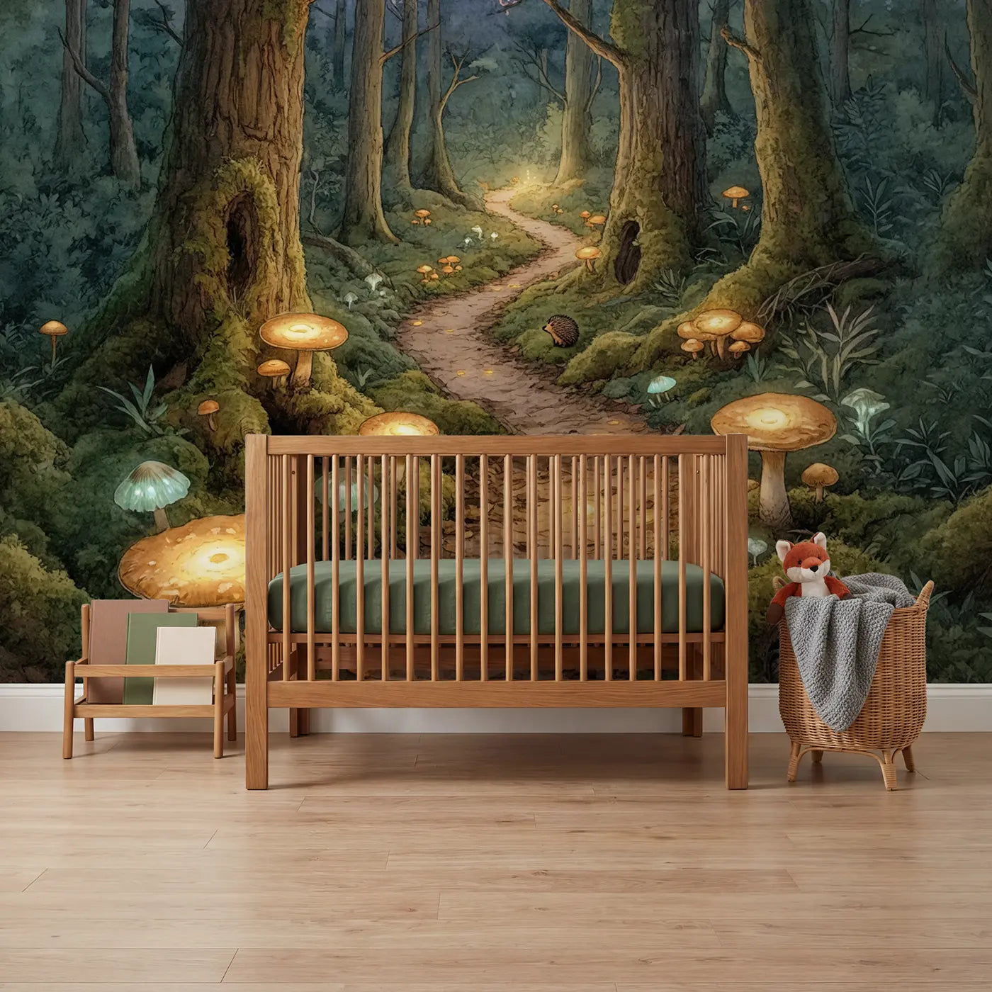 Storybook mushroom forest path wallpaper mural for nursery by Whimsy Tots