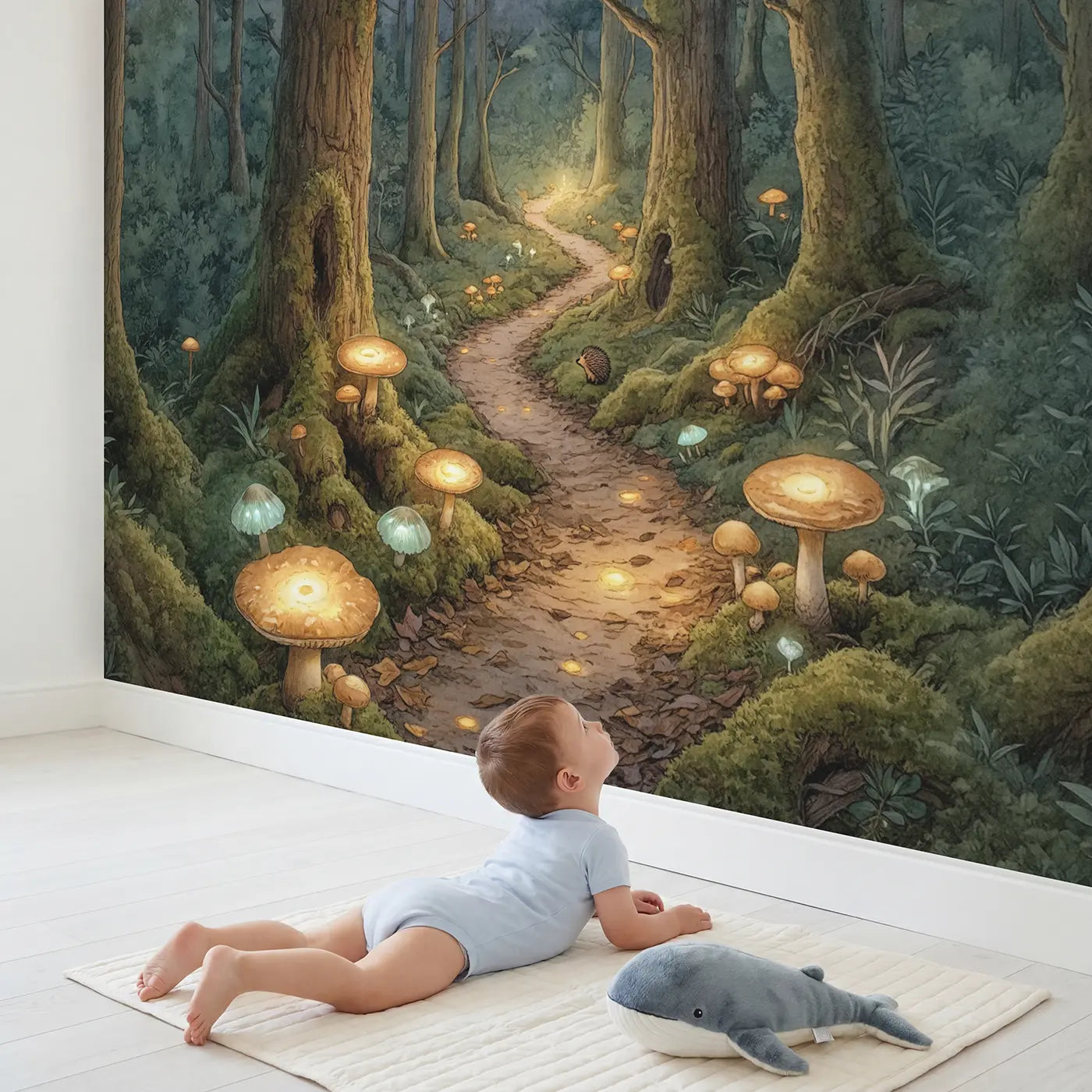 Child in nursery with Glowing Mushroom Path Old Forest Wallpaper Mural by Whimsy Tots
