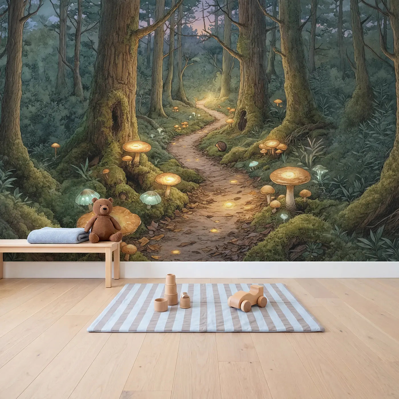 Glowing Mushroom Path Old Forest Wallpaper Mural in playroom setting by Whimsy Tots
