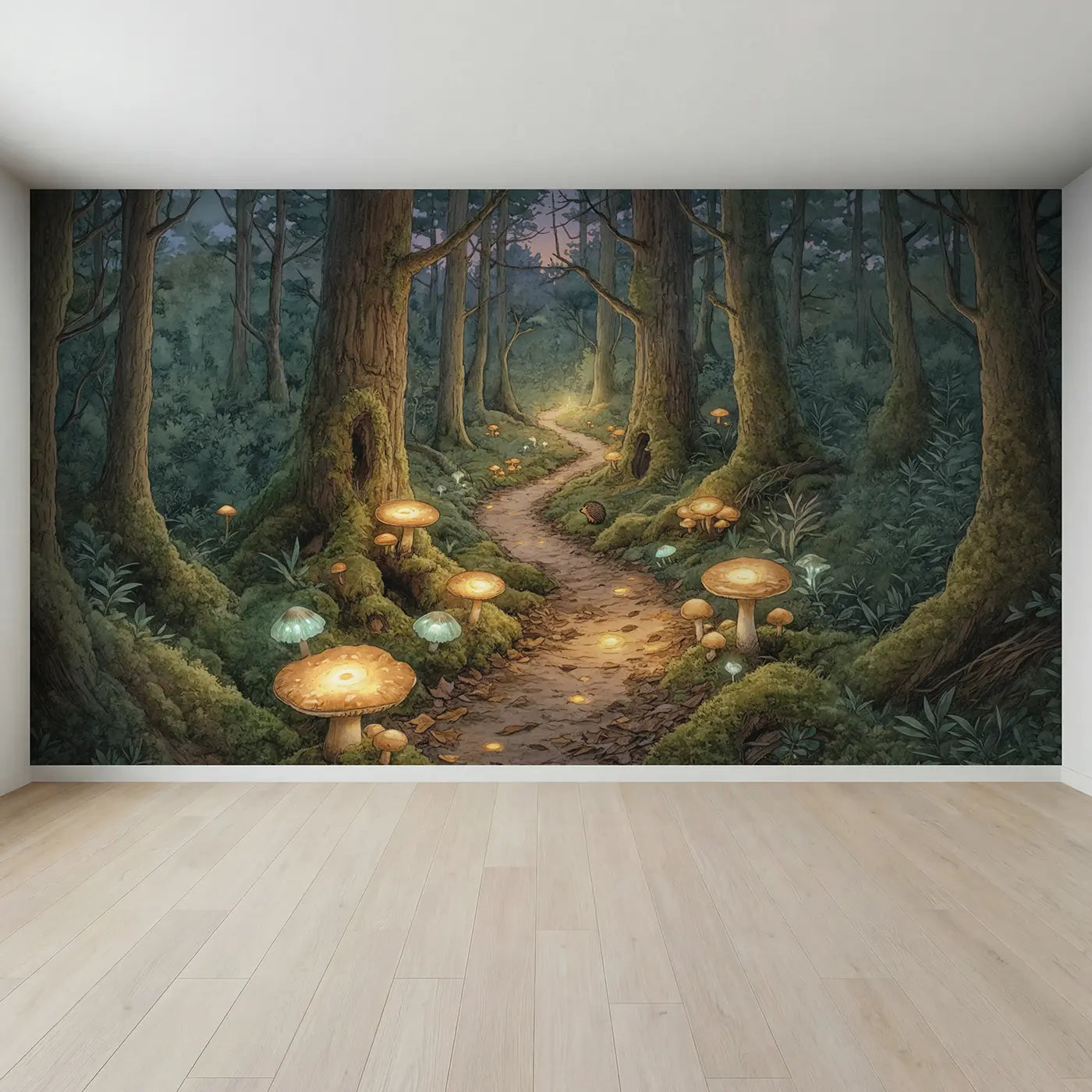 Full view of Glowing Mushroom Path Old Forest Wallpaper Mural by Whimsy Tots