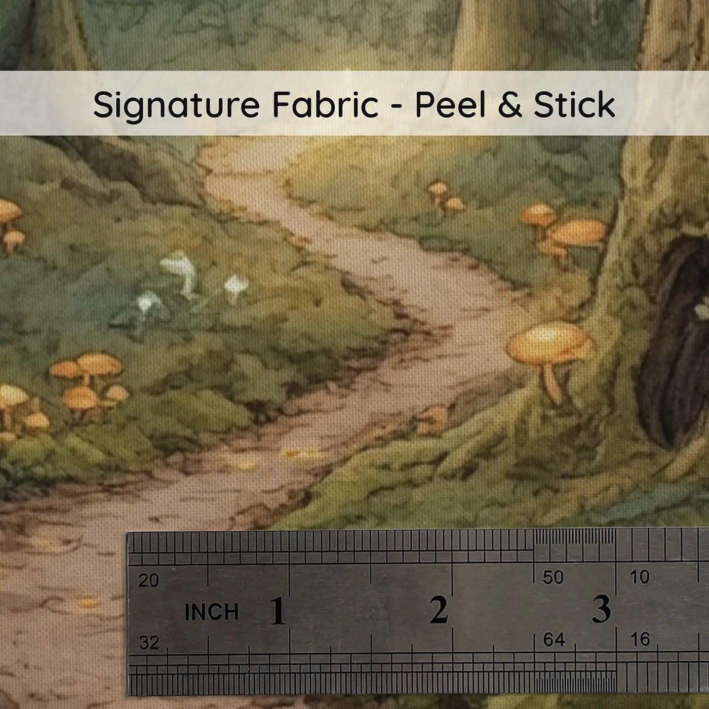 Fabric texture close-up of Glowing Mushroom Path Old Forest Wallpaper Mural by Whimsy Tots