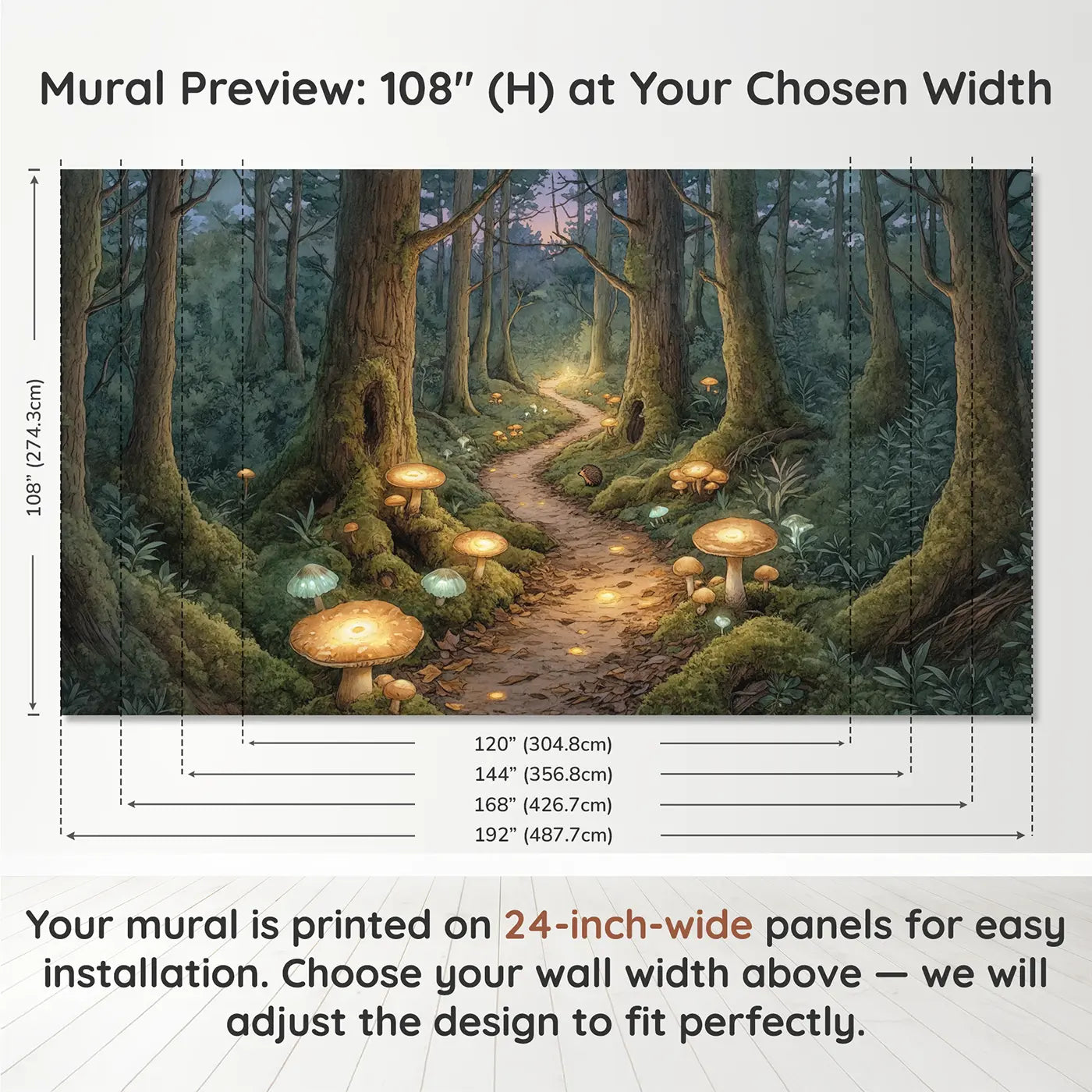 Panel layout and dimensions for Glowing Mushroom Path Old Forest Wallpaper Mural by Whimsy Tots