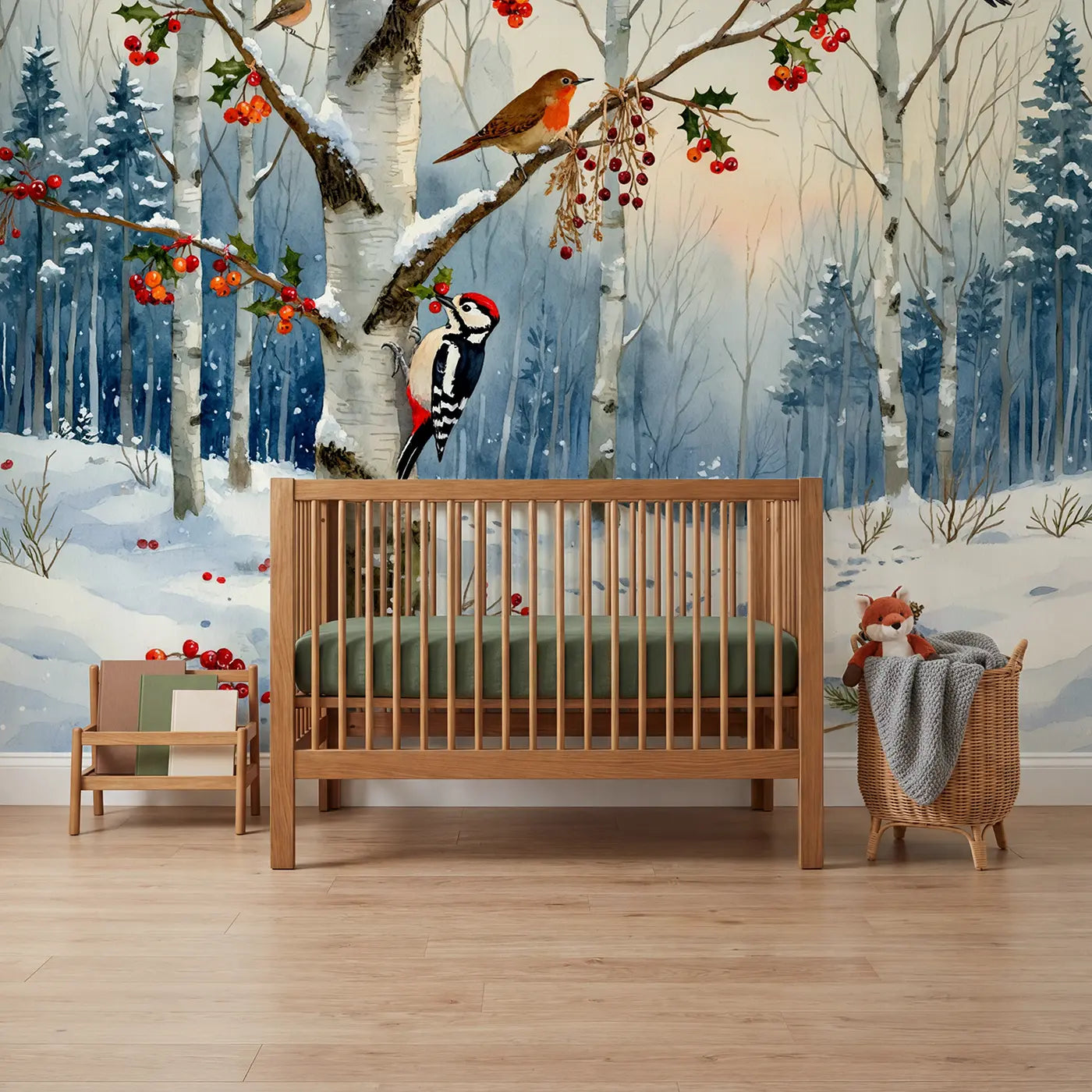 Watercolor winter berry bird tree wallpaper mural for kids room by Whimsy Tots