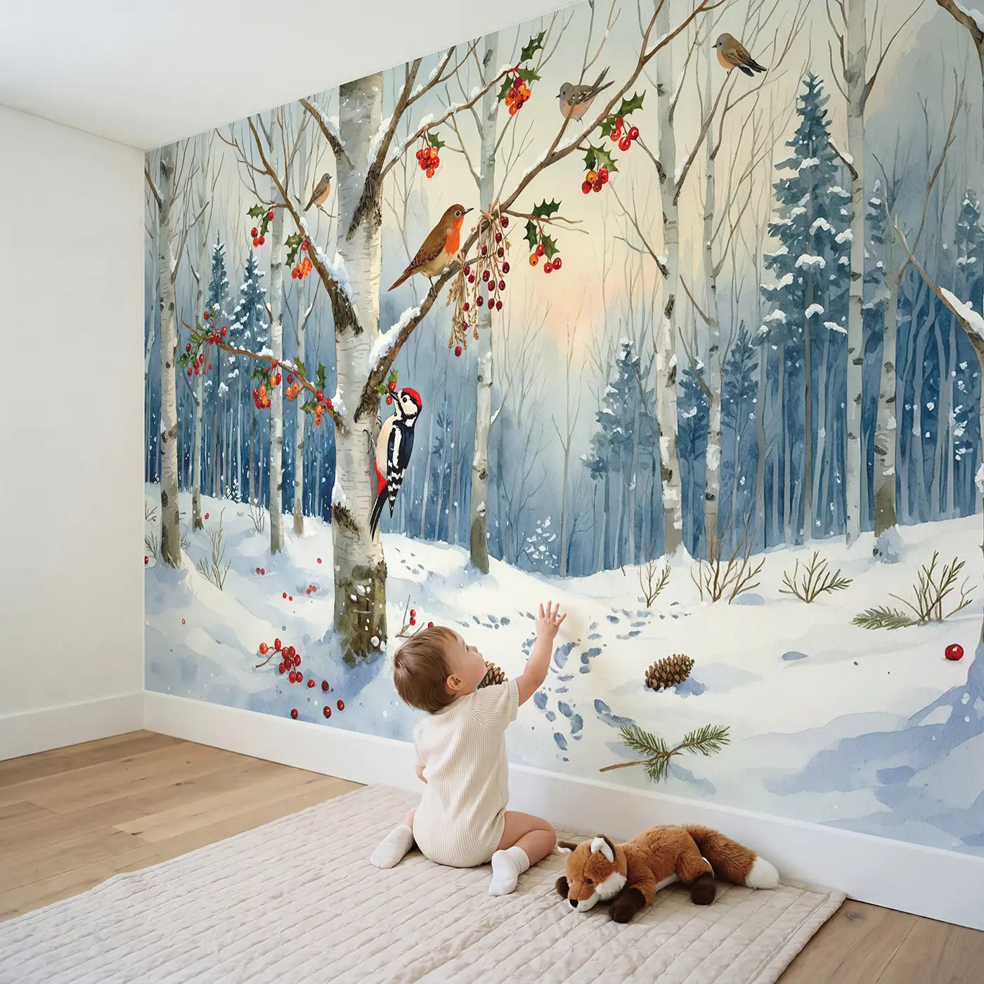 Child in nursery with Winter Berry Bird Tree Wallpaper Mural by Whimsy Tots