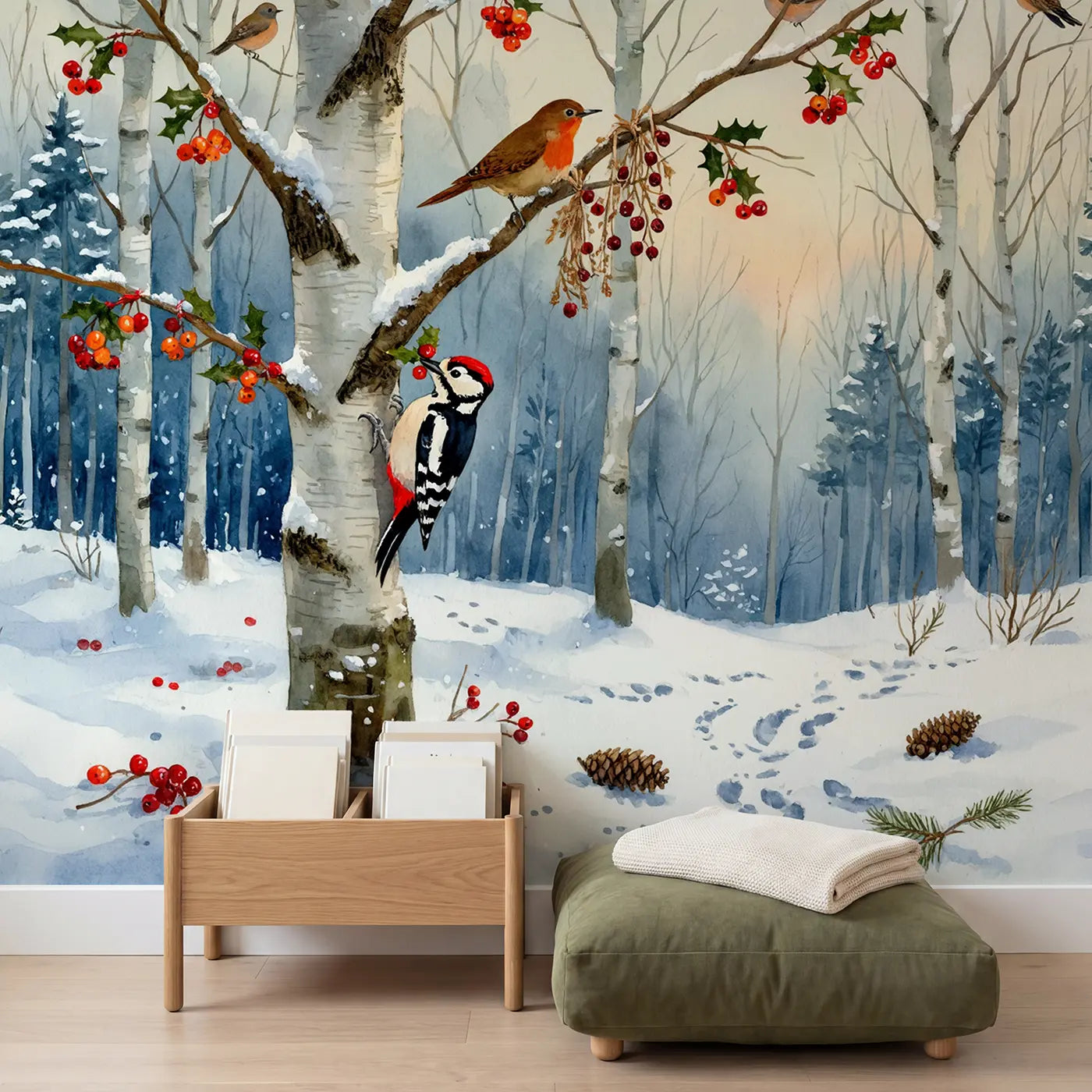 Winter Berry Bird Tree Wallpaper Mural in playroom setting by Whimsy Tots