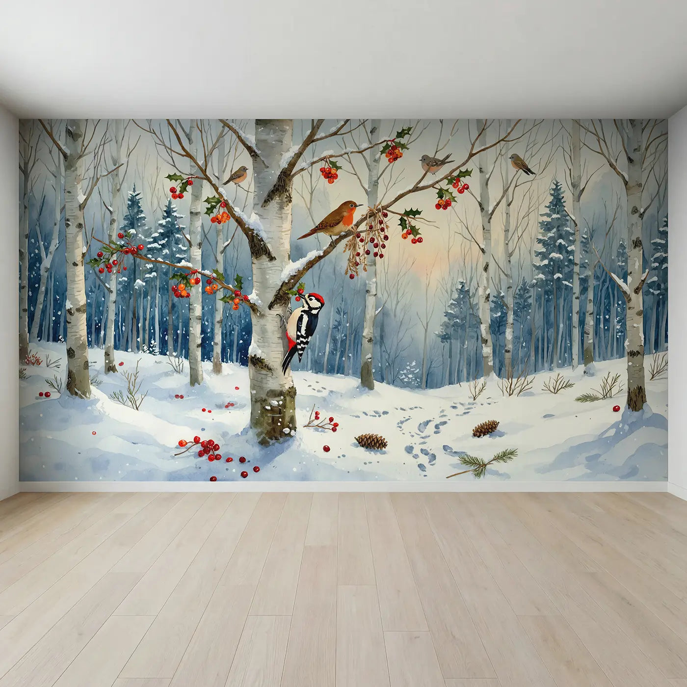 Full view of Winter Berry Bird Tree Wallpaper Mural by Whimsy Tots