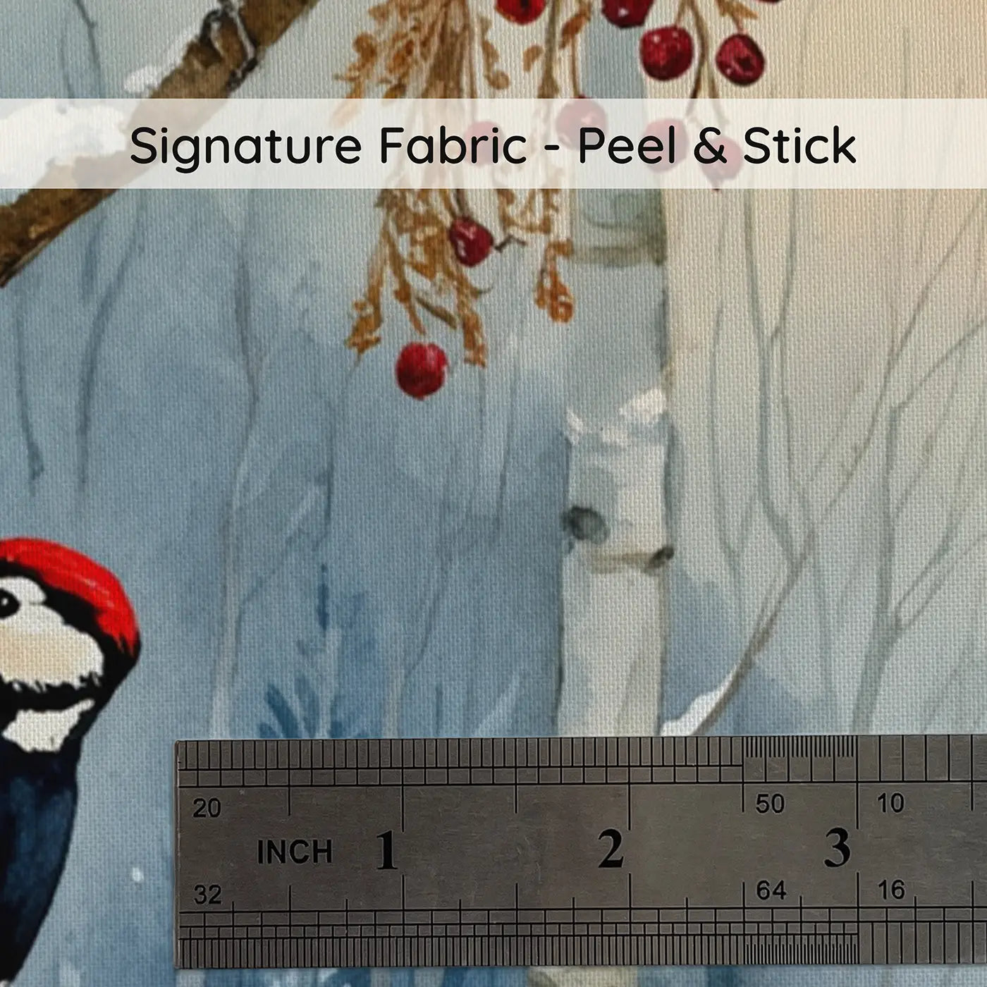 Fabric texture close-up of Winter Berry Bird Tree Wallpaper Mural by Whimsy Tots