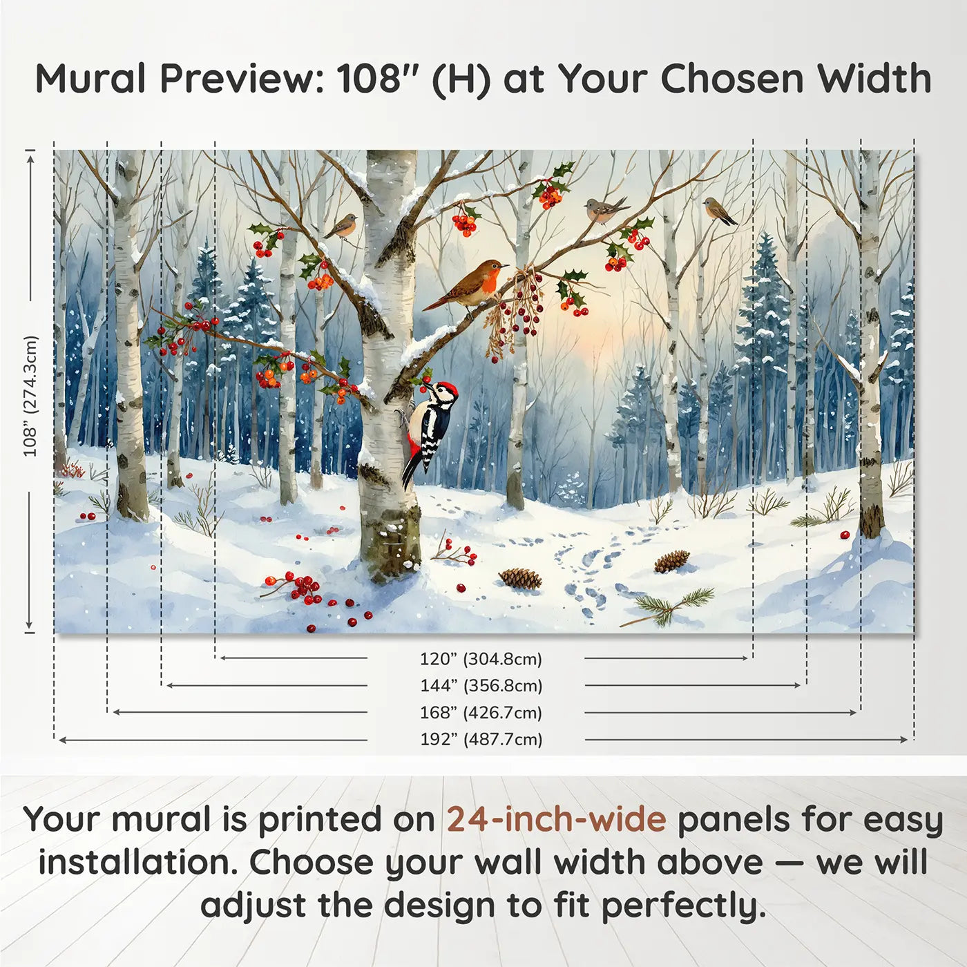 Panel layout and dimensions for Winter Berry Bird Tree Wallpaper Mural by Whimsy Tots