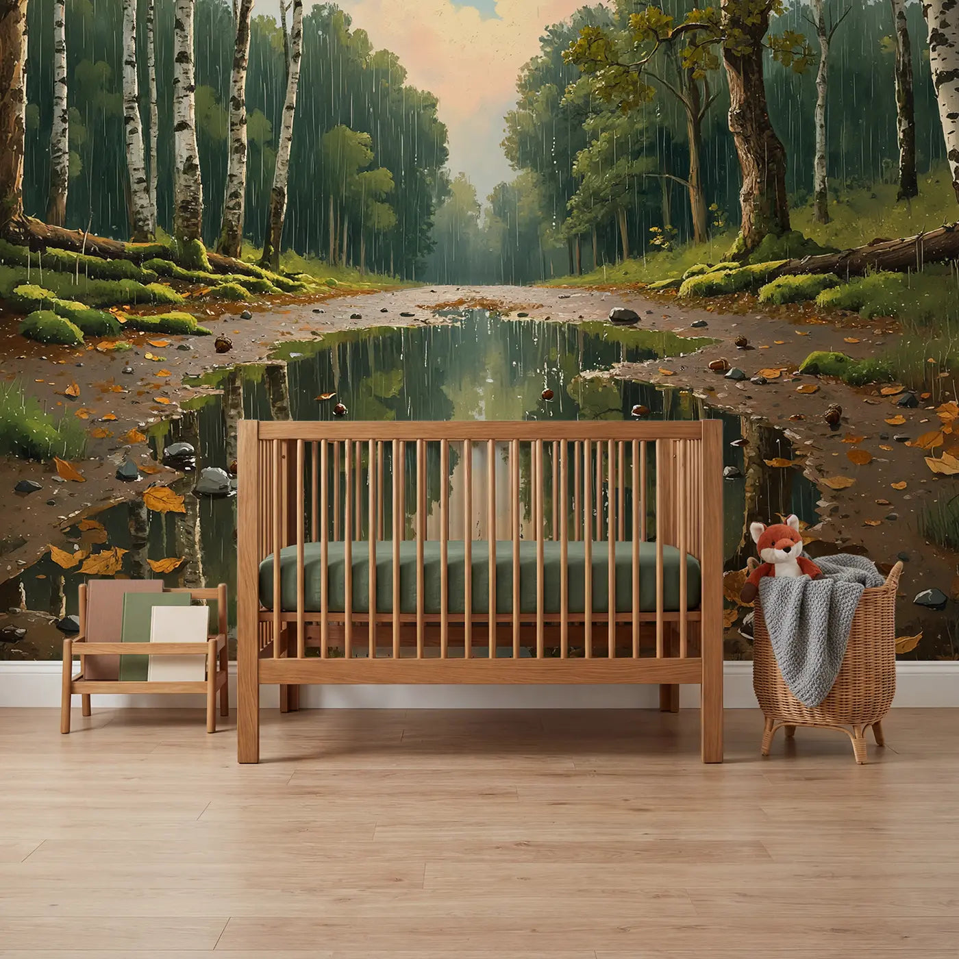 painted landscape forest puddle reflection canopy rain wallpaper mural for nursery by Whimsy Tots