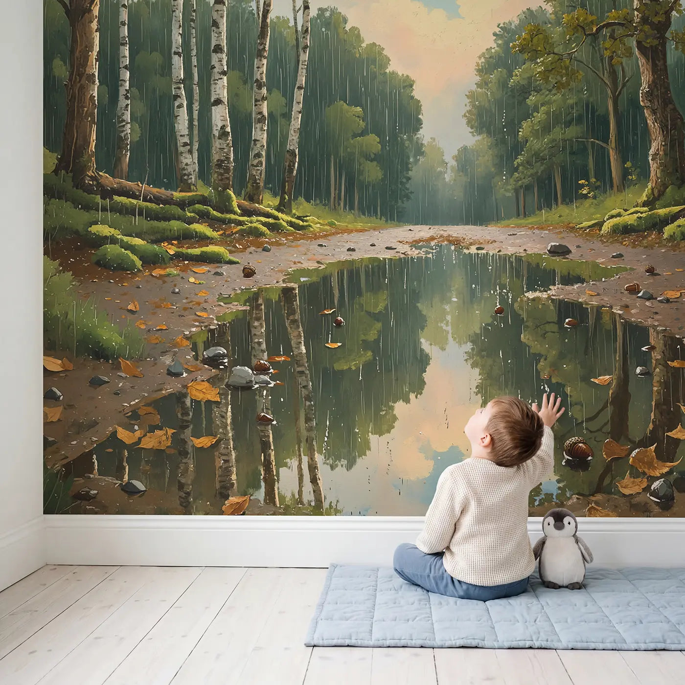 Child in nursery with Forest Rain Puddle Reflection Wallpaper Mural by Whimsy Tots
