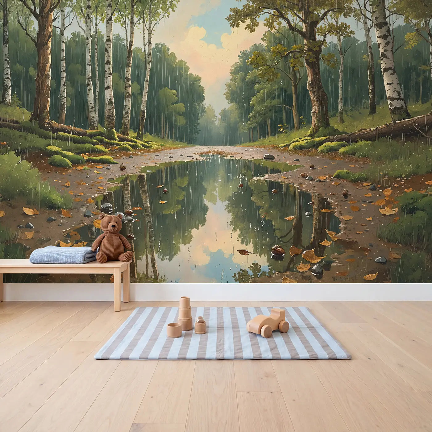 Forest Rain Puddle Reflection Wallpaper Mural in playroom setting by Whimsy Tots