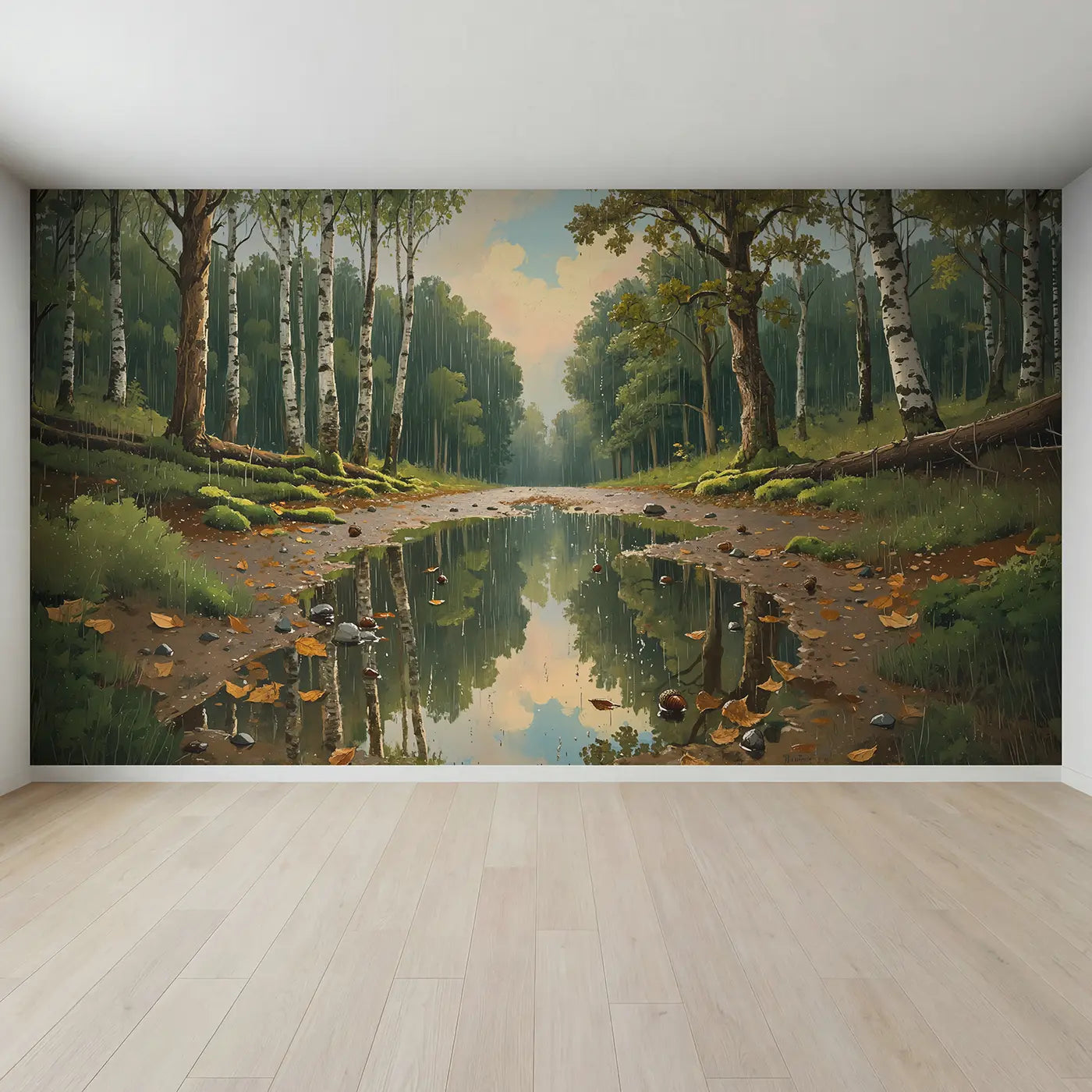 Full view of Forest Rain Puddle Reflection Wallpaper Mural by Whimsy Tots