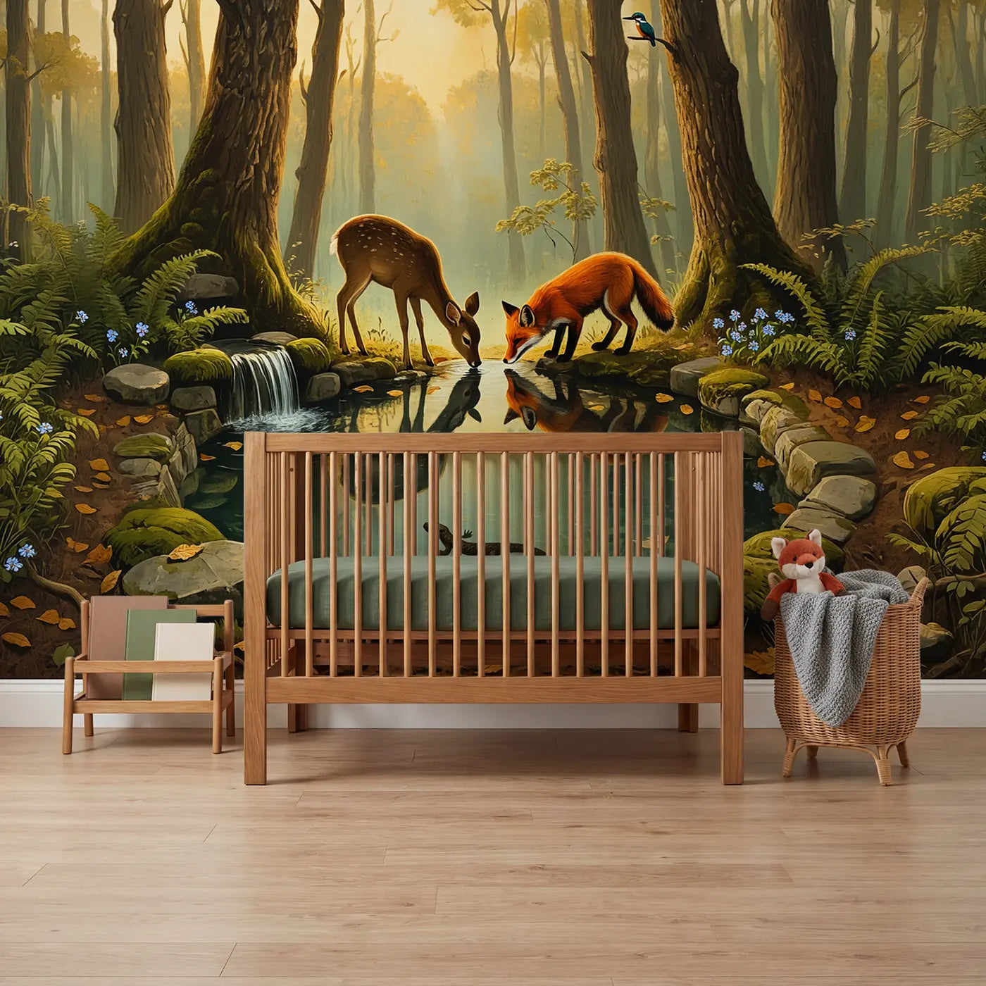 painted landscape deer and fox spring forest mural for nursery by Whimsy Tots