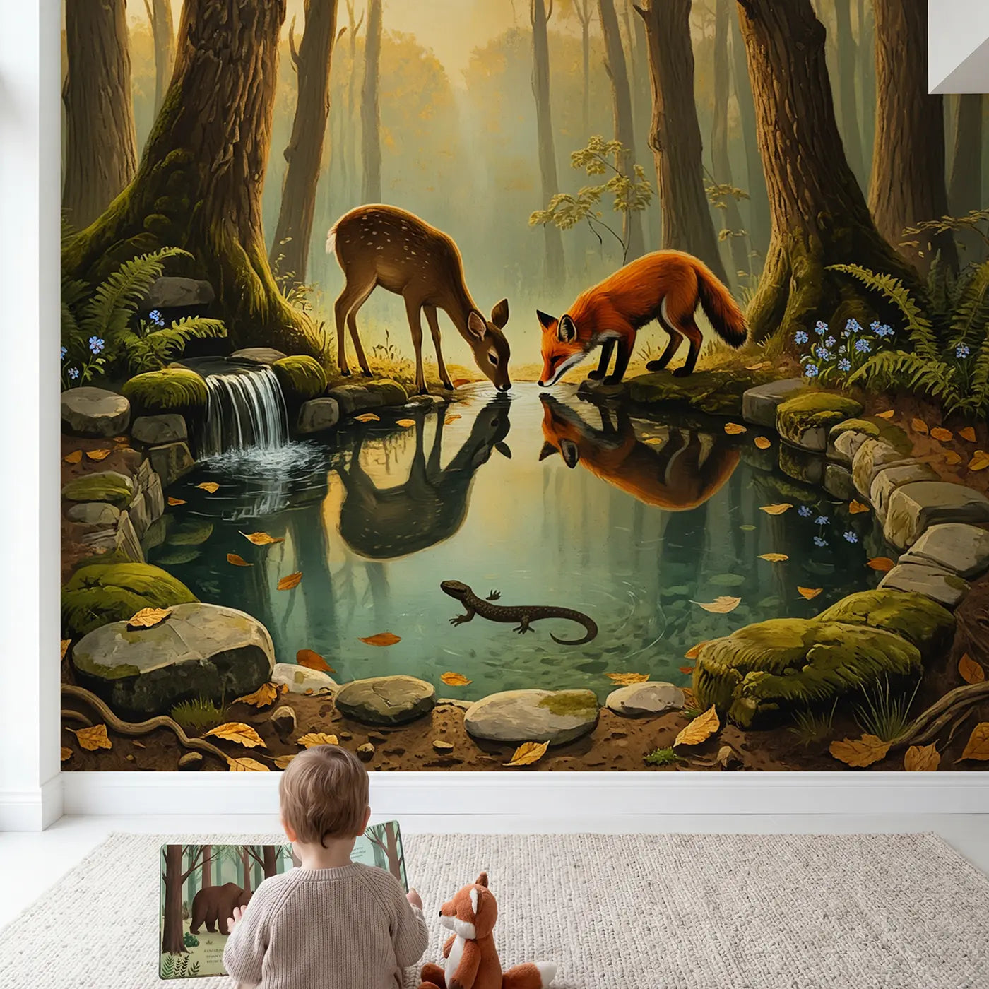 Child in nursery with Deer and Fox Forest Spring Wallpaper Mural by Whimsy Tots