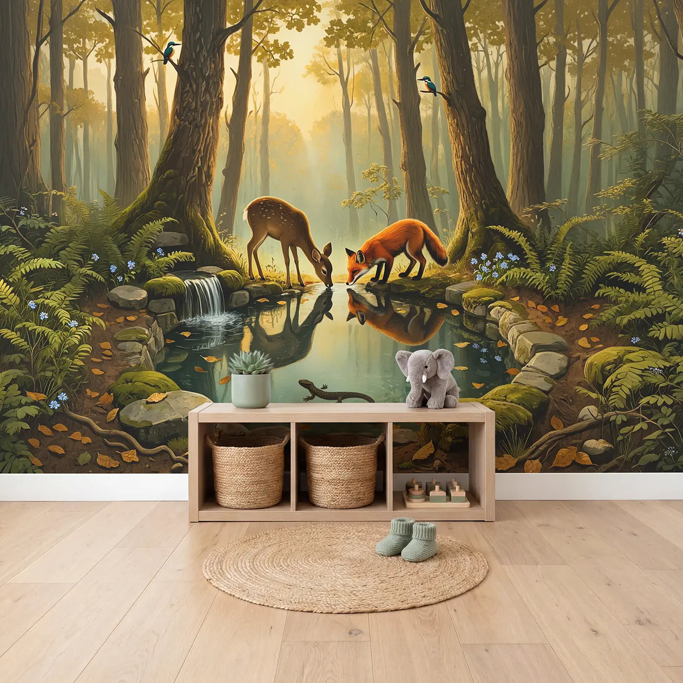 Deer and Fox Forest Spring Wallpaper Mural in playroom setting by Whimsy Tots