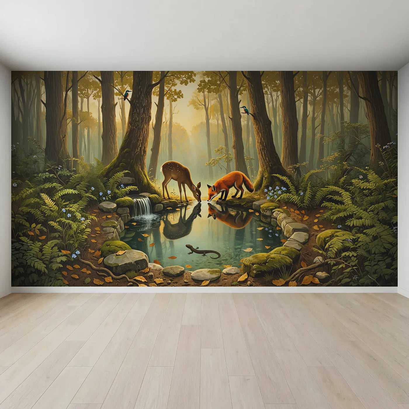 Full view of Deer and Fox Forest Spring Wallpaper Mural by Whimsy Tots