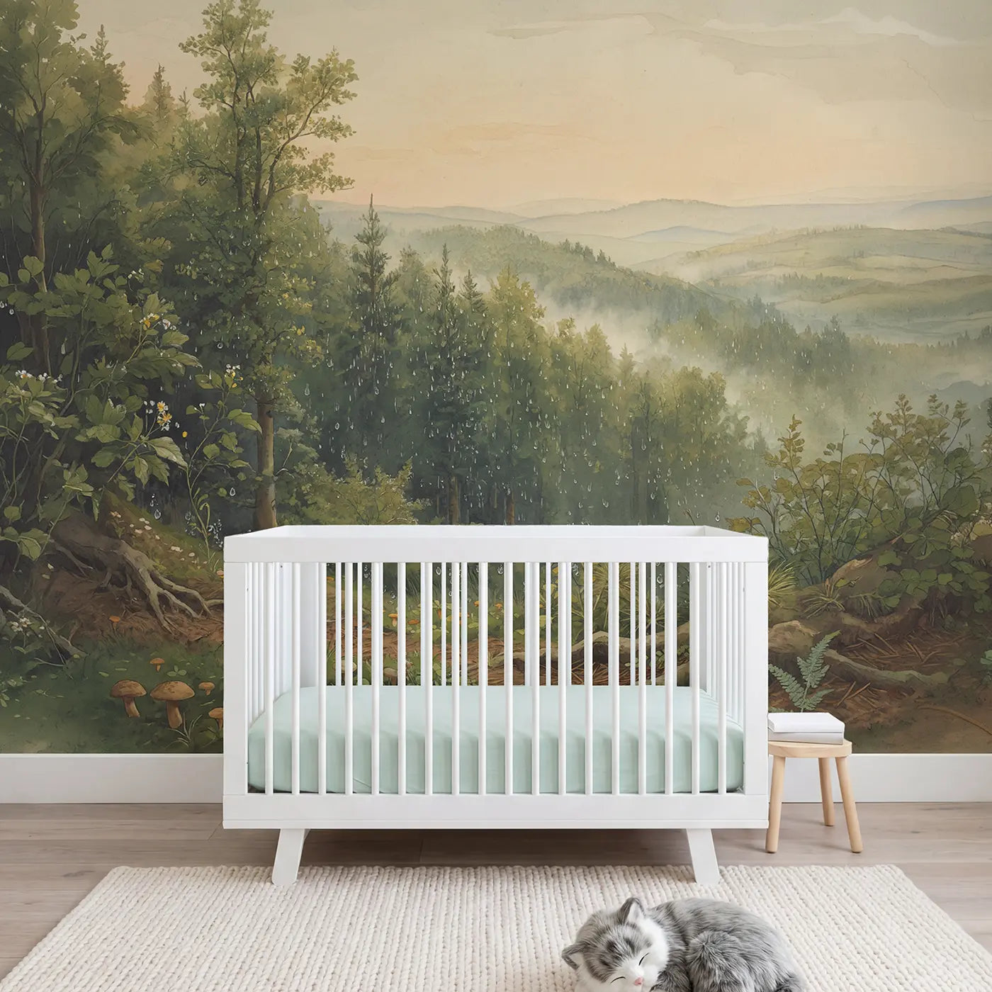 watercolor forest after rain golden light wallpaper mural for girls room by Whimsy Tots