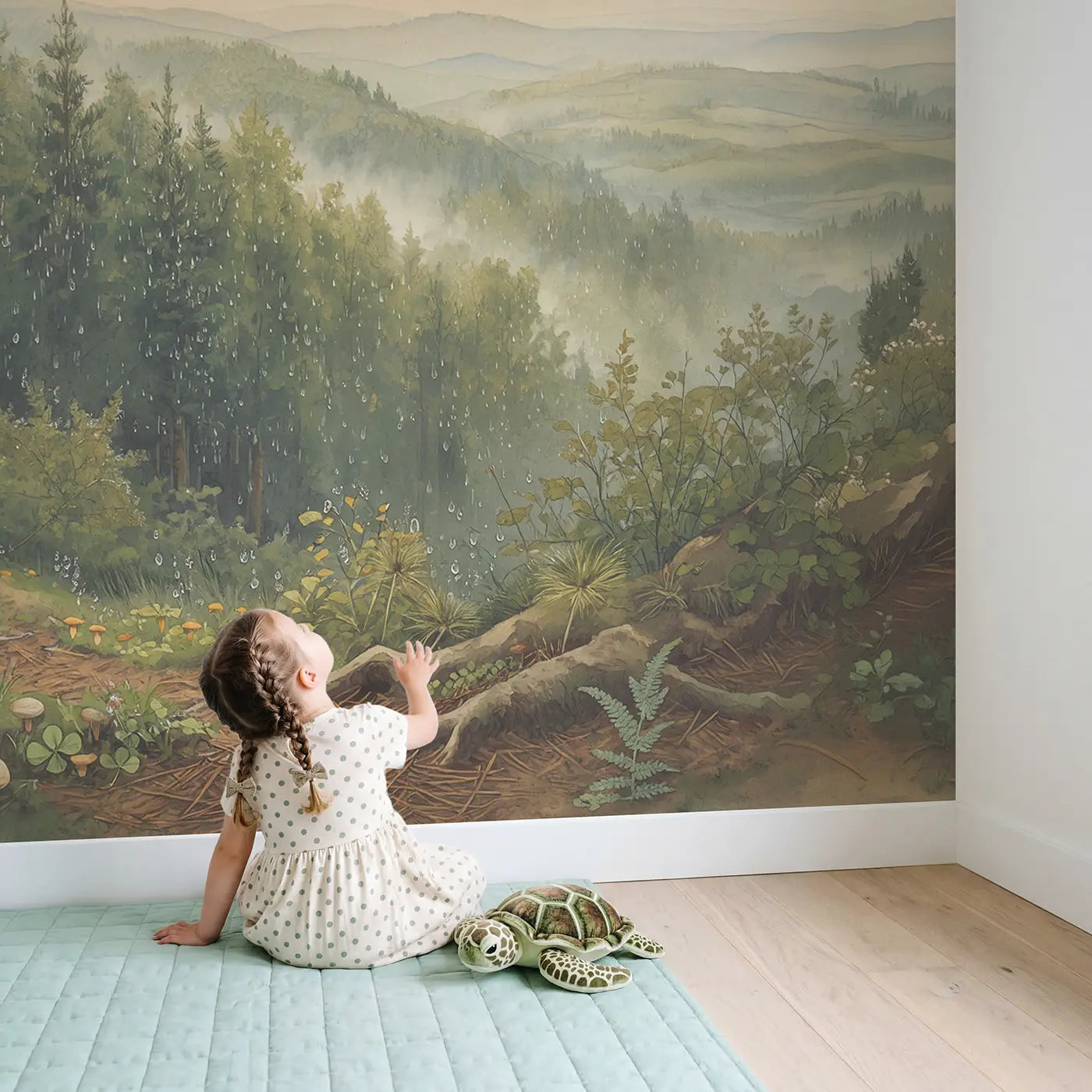 Child in nursery with Forest After Rain Everything Wallpaper Mural by Whimsy Tots