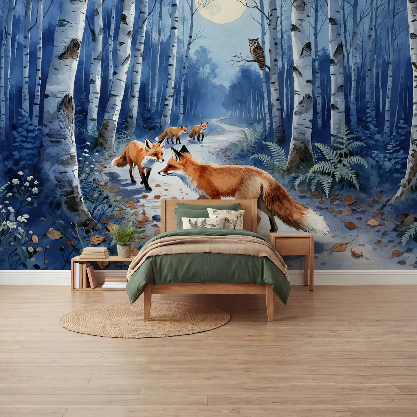 Watercolor fox woodland wallpaper mural for kids room by Whimsy Tots