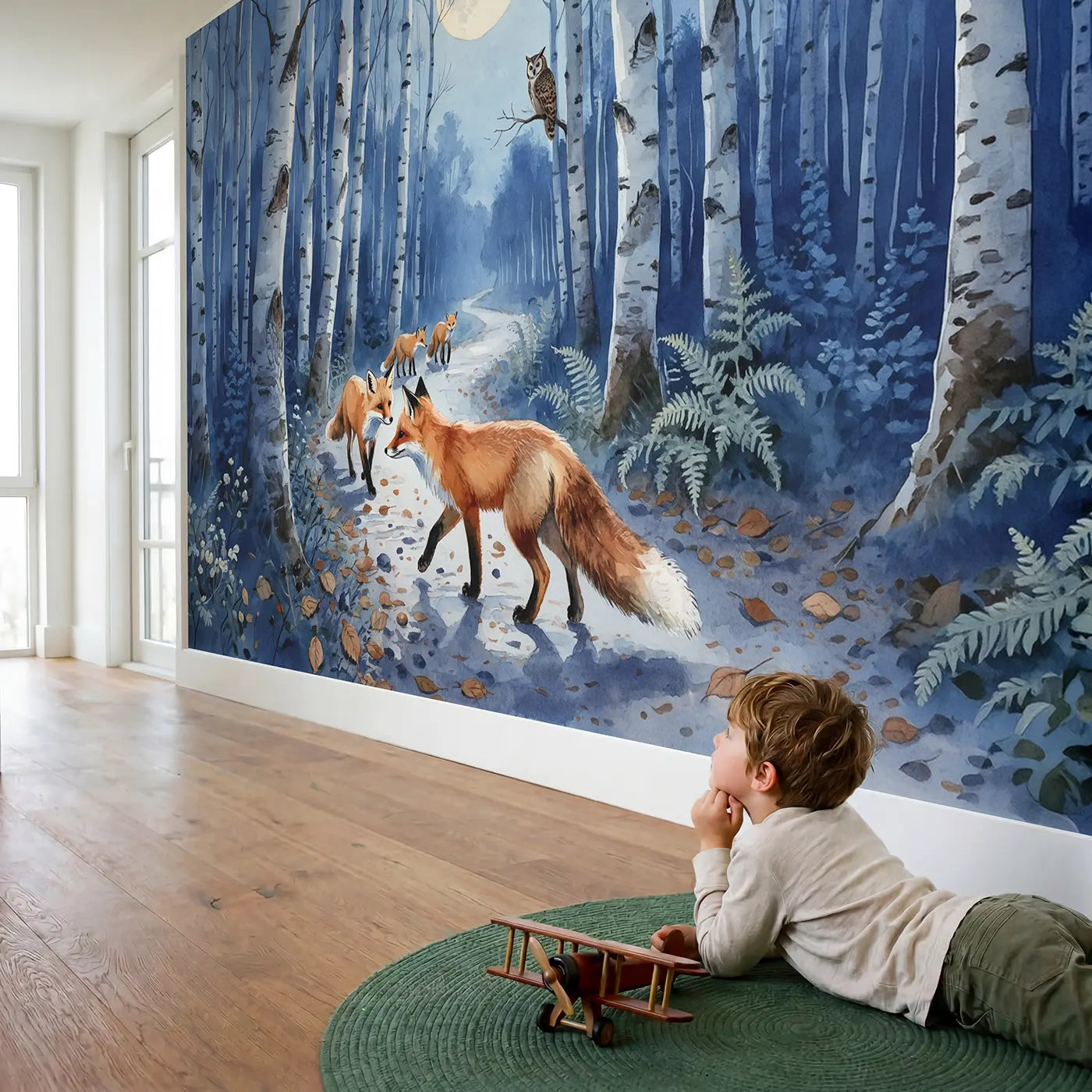 Child in nursery with Moonlit Fox Family Path Wallpaper Mural by Whimsy Tots