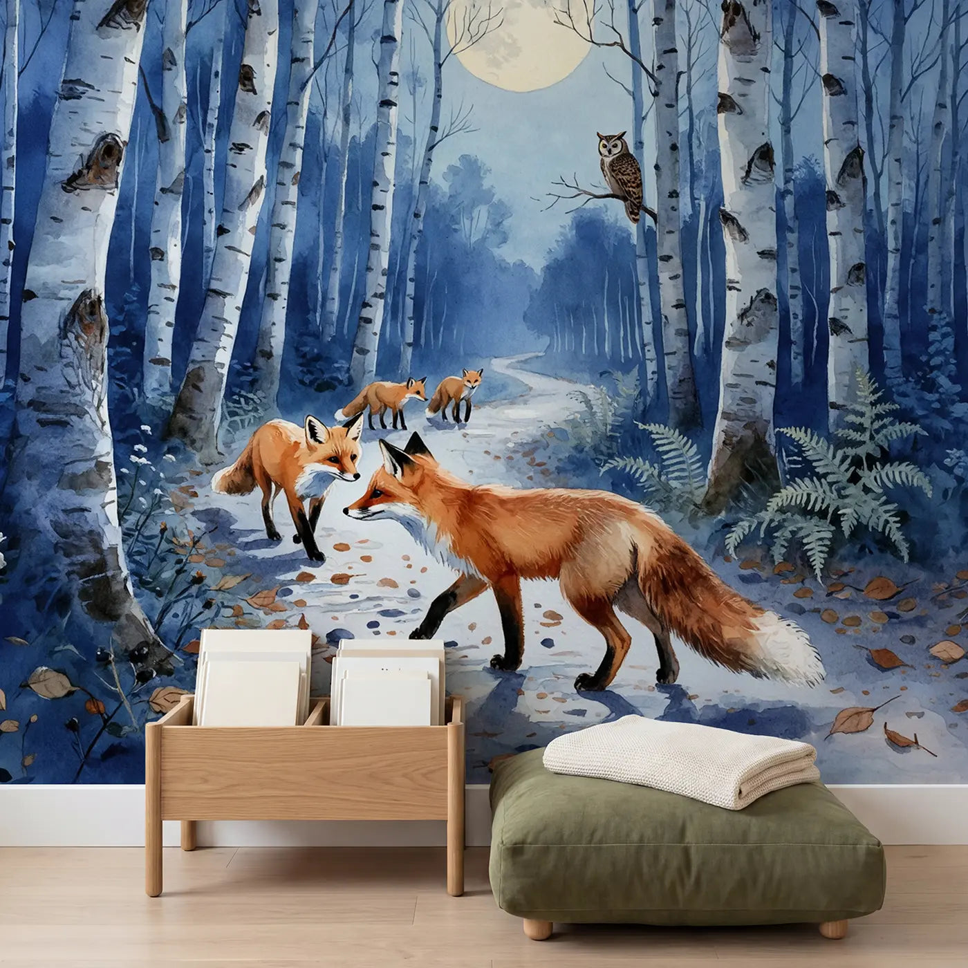 Moonlit Fox Family Path Wallpaper Mural in playroom setting by Whimsy Tots