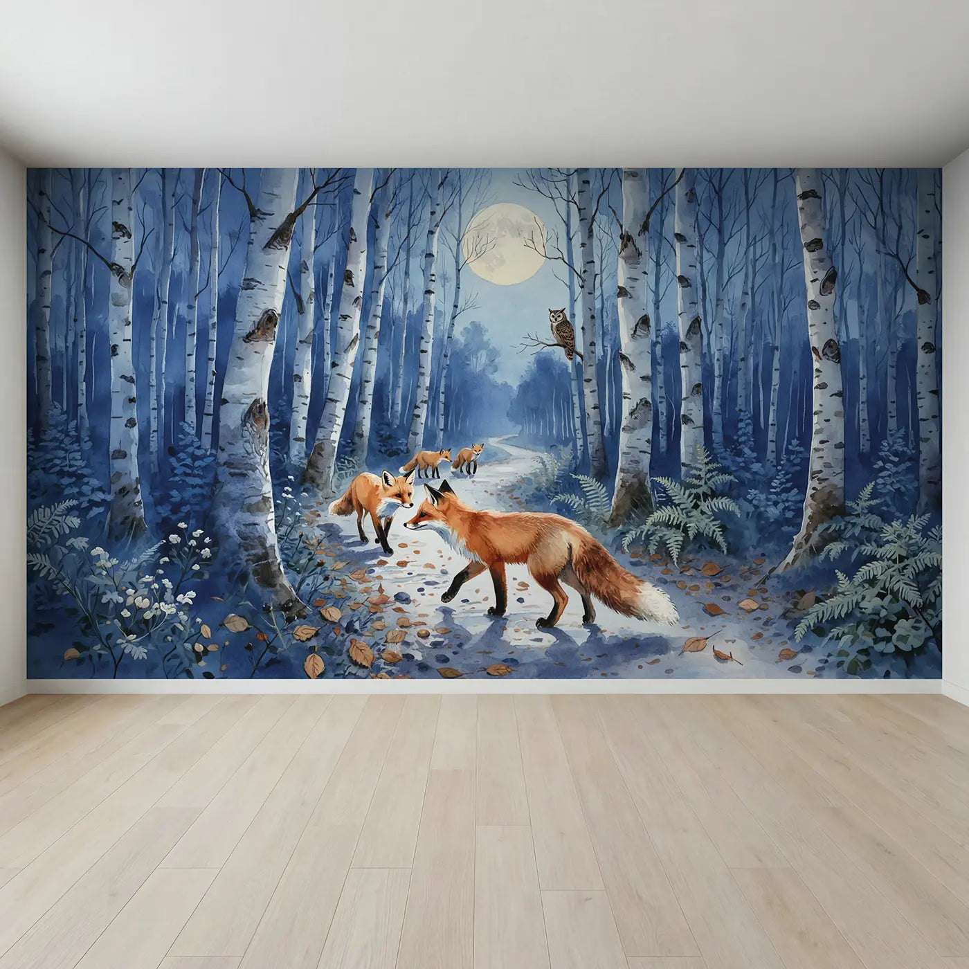 Full view of Moonlit Fox Family Path Wallpaper Mural by Whimsy Tots