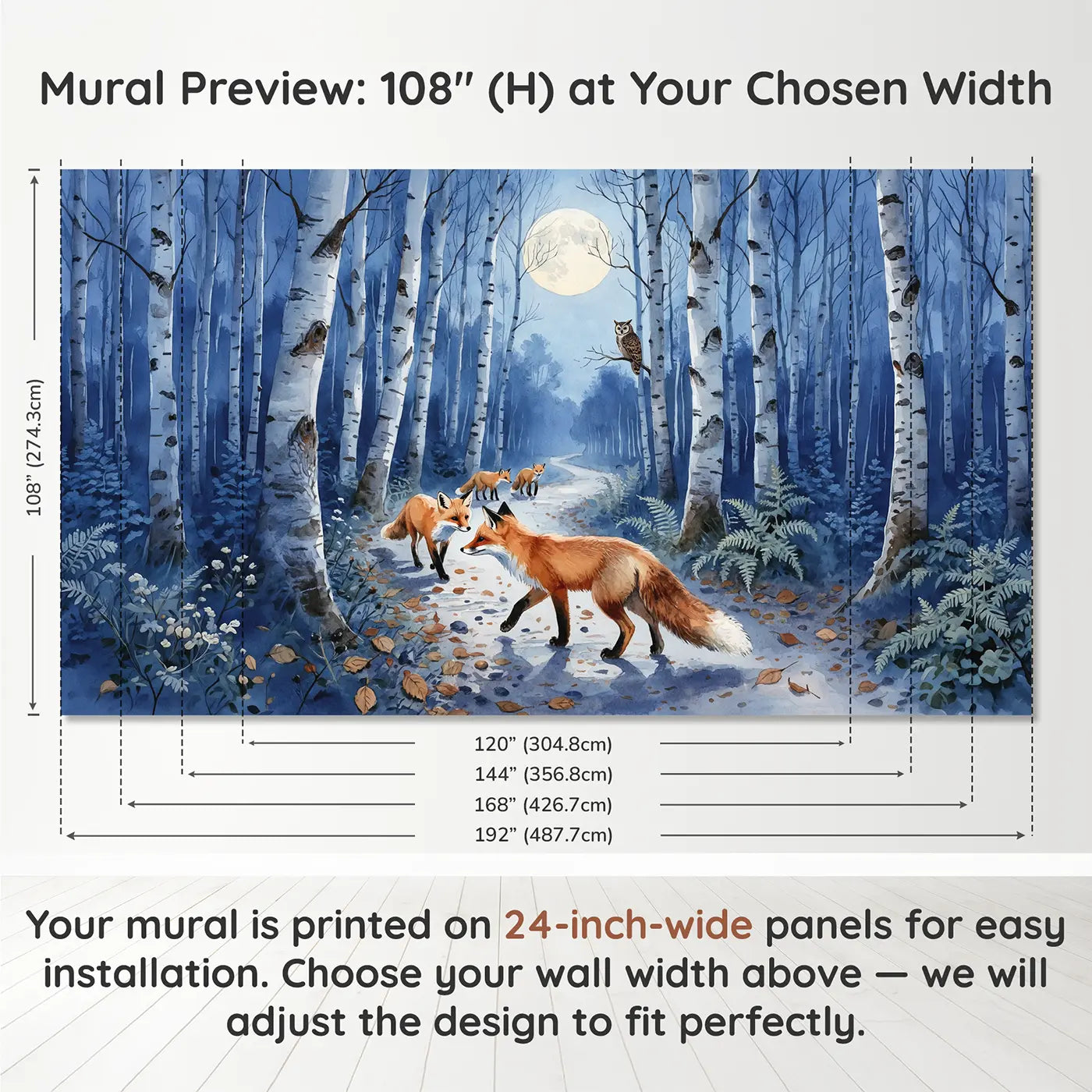 Panel layout and dimensions for Moonlit Fox Family Path Wallpaper Mural by Whimsy Tots