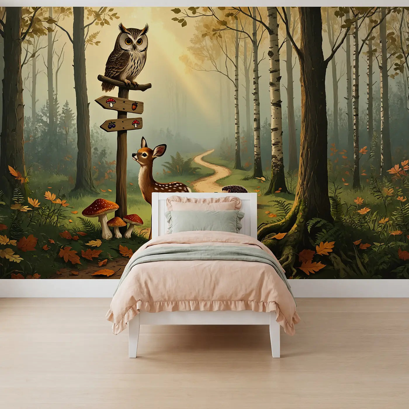 Painted Landscape forest crossroads signpost wallpaper mural for girls room by Whimsy Tots